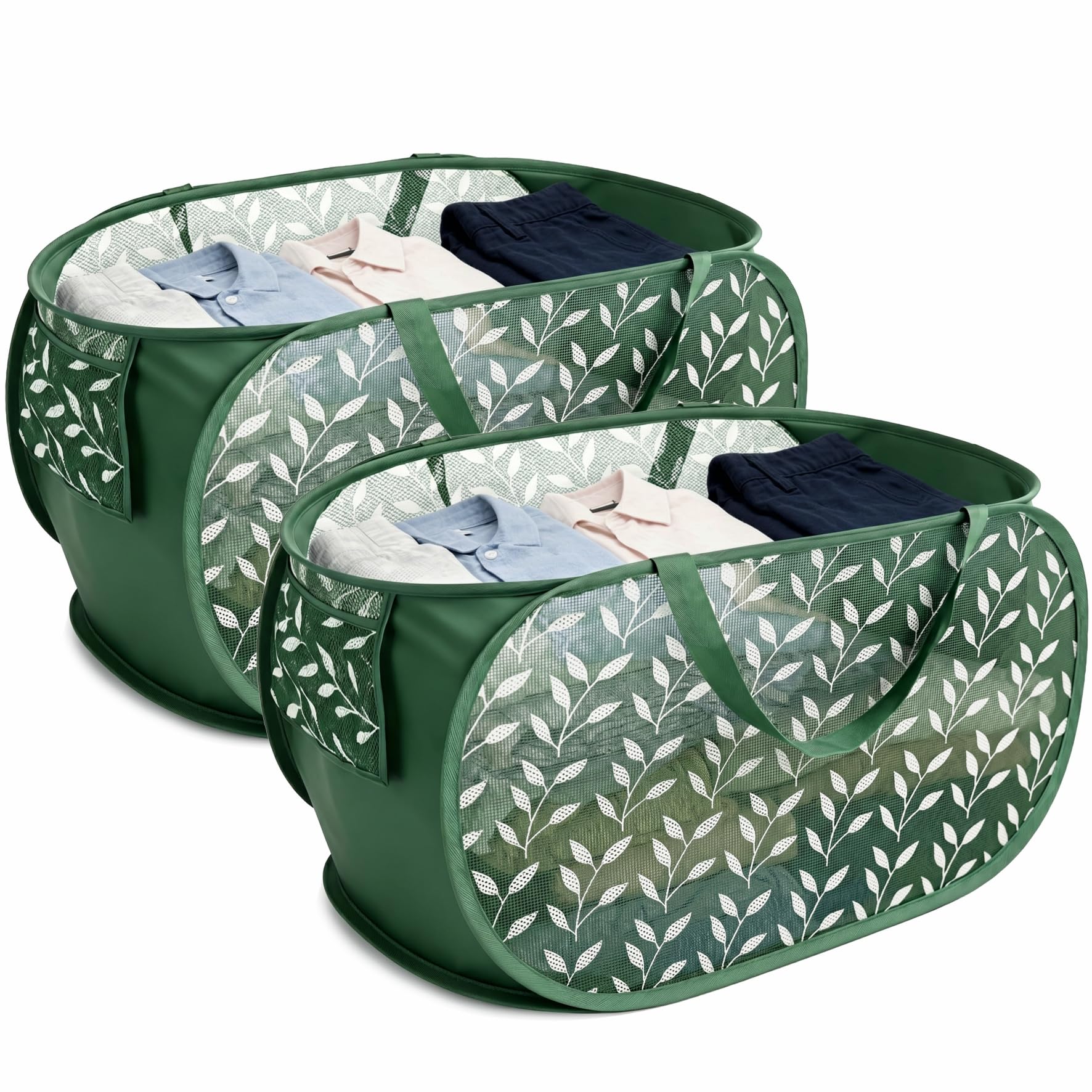 BOSNONA Pop Up Laundry Baskets 2 Pack 75L Pop Up Laundry Hamper Foldable Laundry Basket for Bedroom Dorm Travel (Green Leaves(2 Horizontal))
