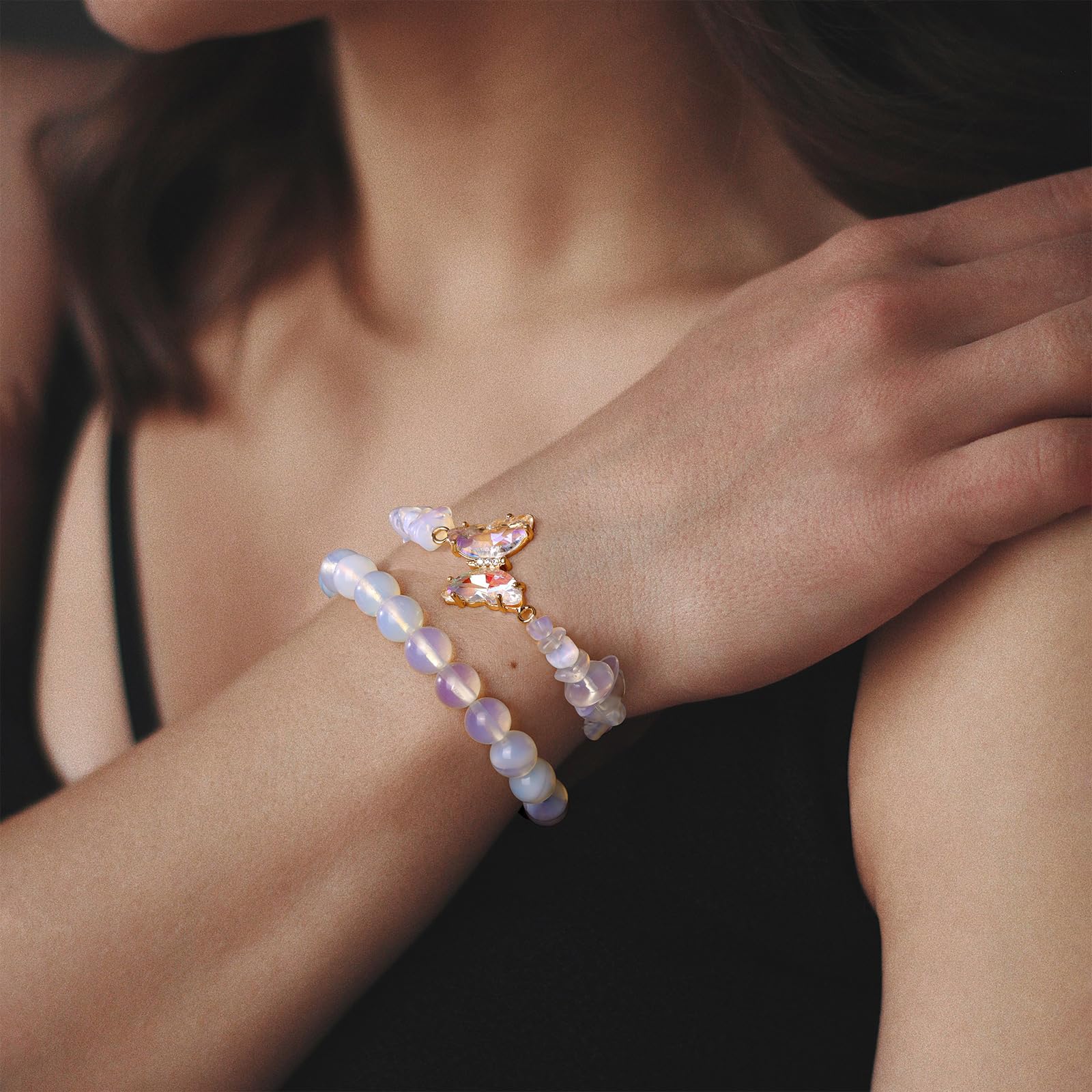 Pulsera de Amatista para Mujer, Pulseras de Amatista con Cuentas y dijes de Mariposa, Pulseras de Piedras en Capas para Mujer.