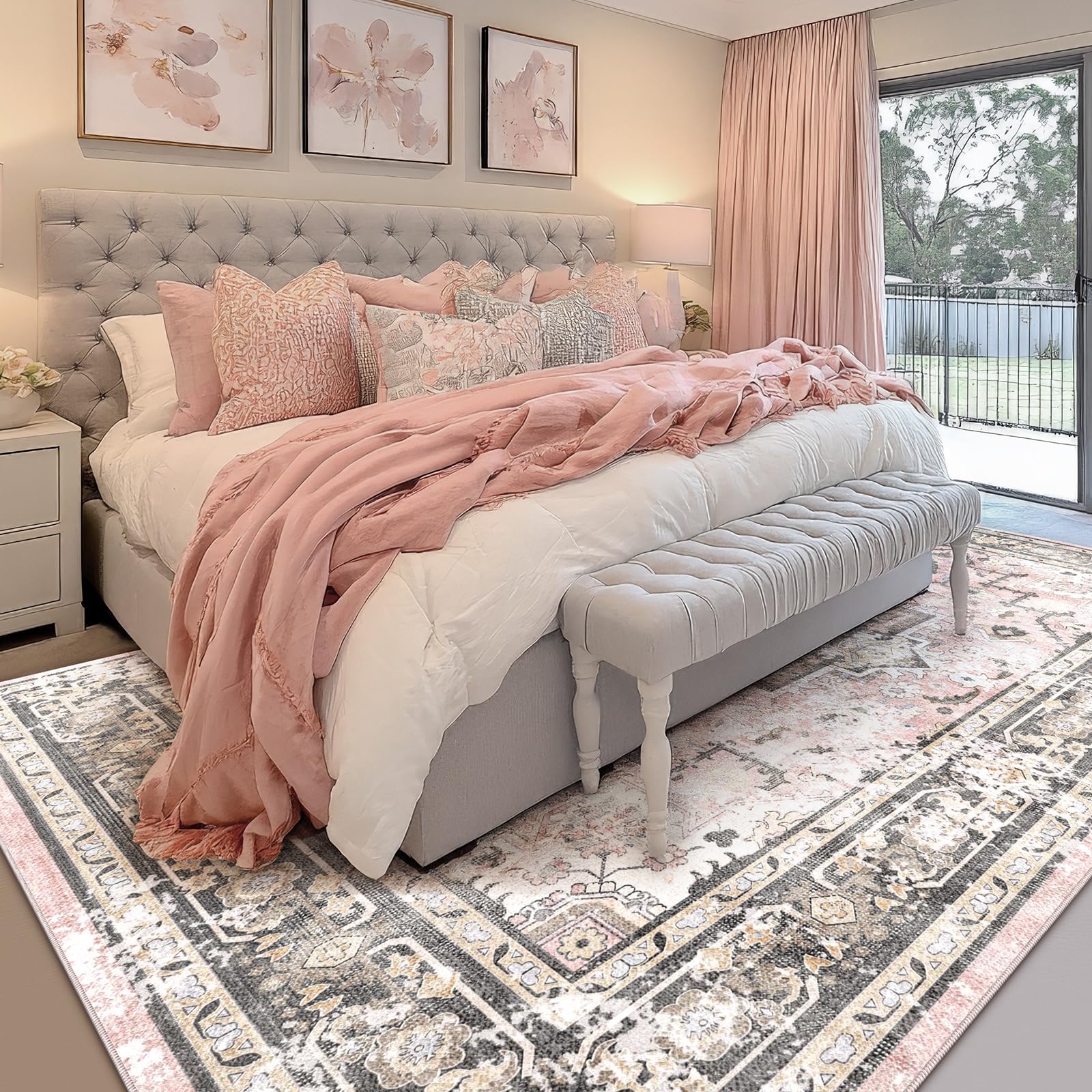 XSIVOD Pink Area Rugs for Living Room, Washable Large Rugs for Bedroom, Non Slip Vintage Rugs for Dining Room Office, Soft Low Pile Rug Accent Floor Carpet for Home Decor, 240 x 300 cm