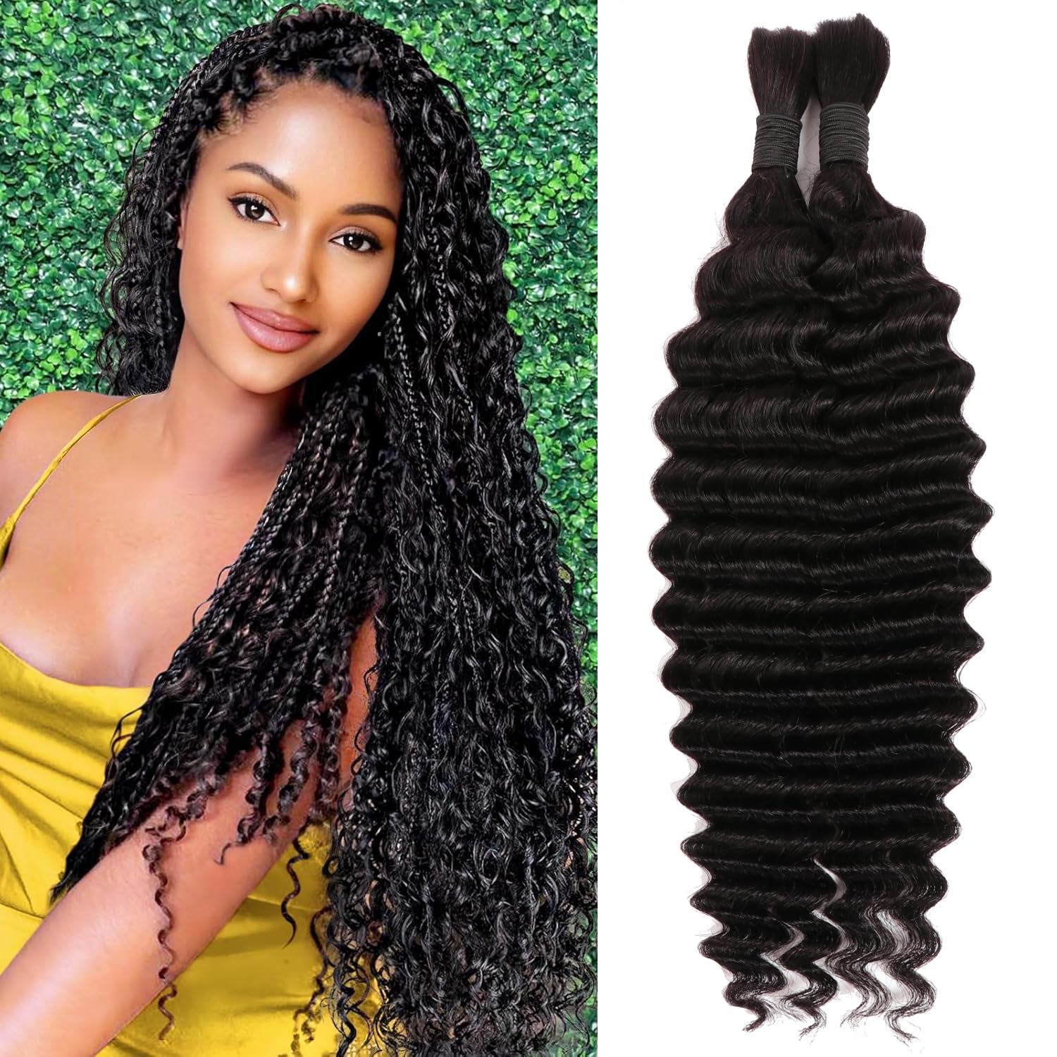 20 Inch Boho Braids Human Hair Extensions For Women 2 Bundles 100g Wet And Wavy Human Braiding Hair For Micro Braids No Weft Deep Wave Bulk Human Hair (1B#