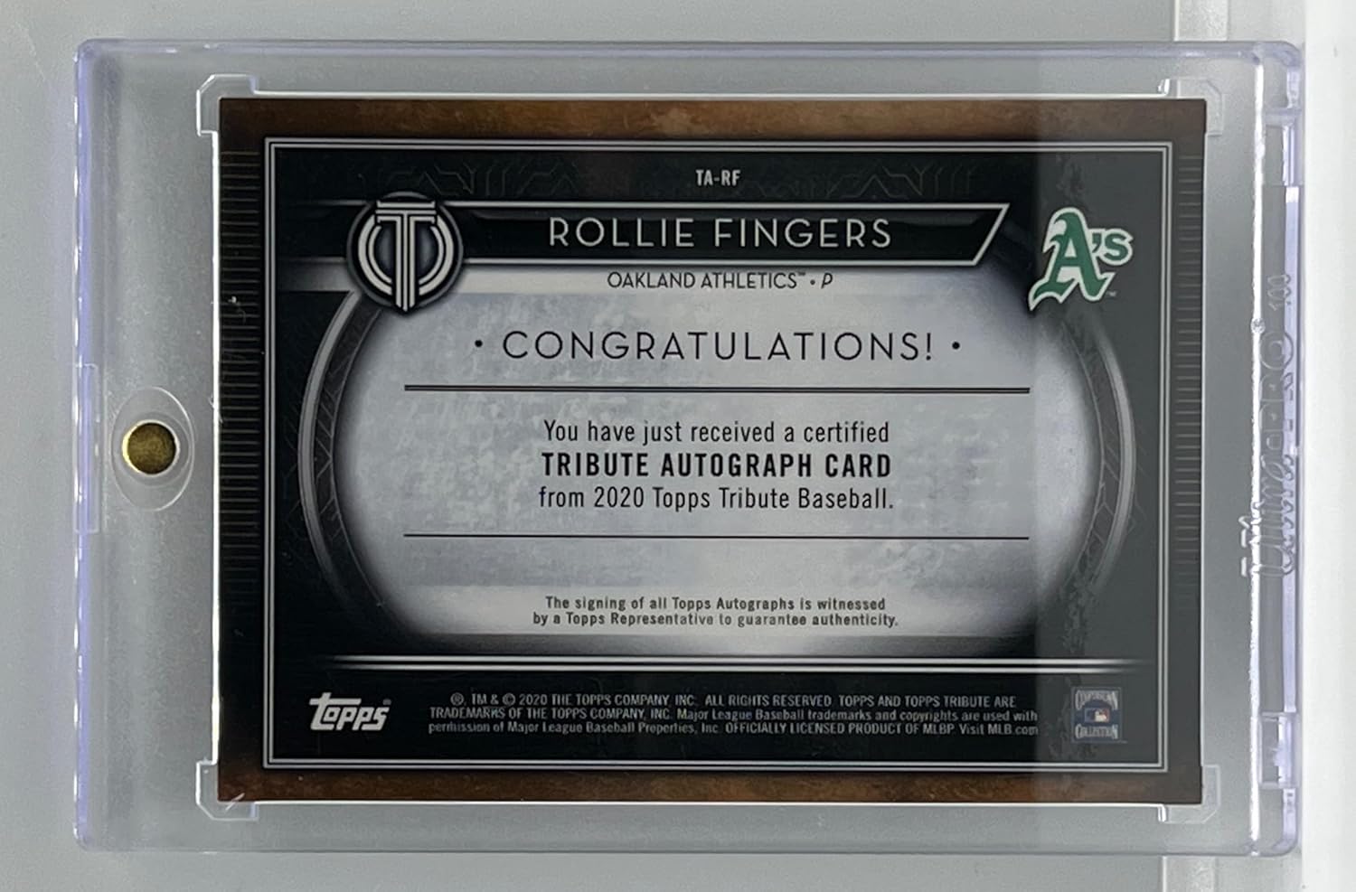 Rollie Fingers Autographed & Serial Numbered #035/199 Tribute Autograph Collectible Baseball Card - 2021 Topps Tribute Collection Baseball Card #TA-RF (Athletics)