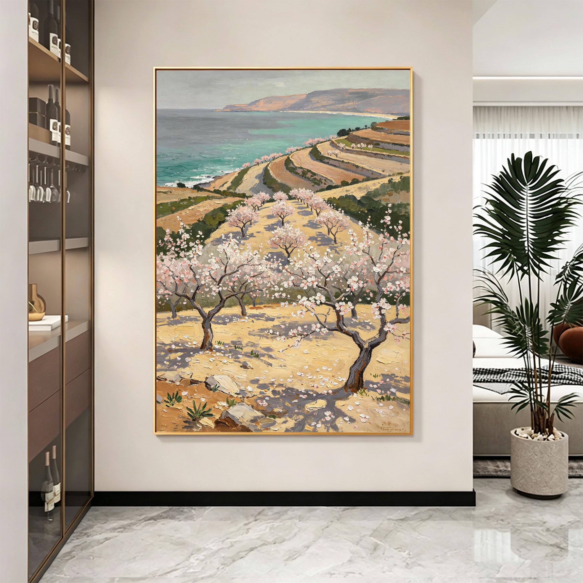 Wandbild Küstenlandschaft Ölgemälde 100% Handgemaltes Ölgemälde Pfirsichblütenwald Rahmenlose Leinwand Wandkunst Für Wohnzimmer Heimdekorationen 50X70Cm (20X28Inch)
