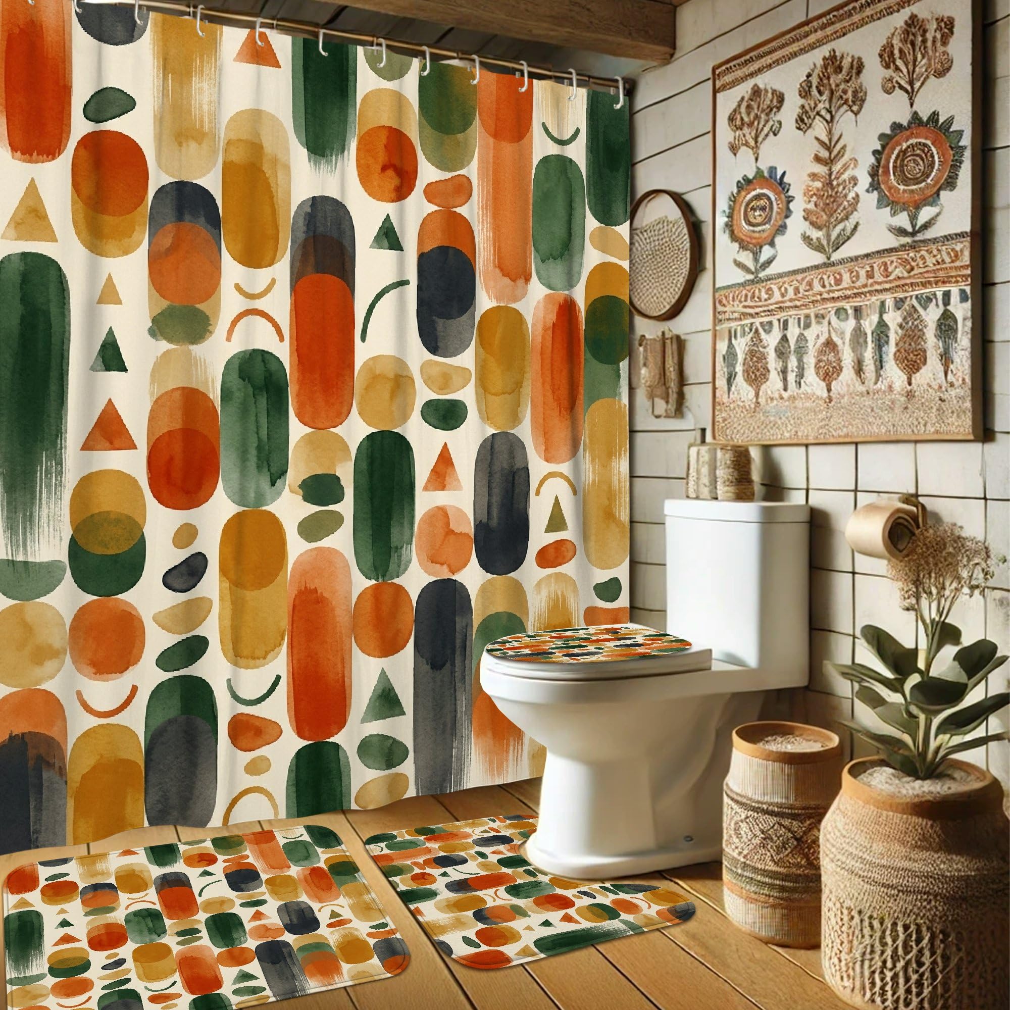 Rideau de douche en tissu imperméable haut de gamme motif abstrait vert automne