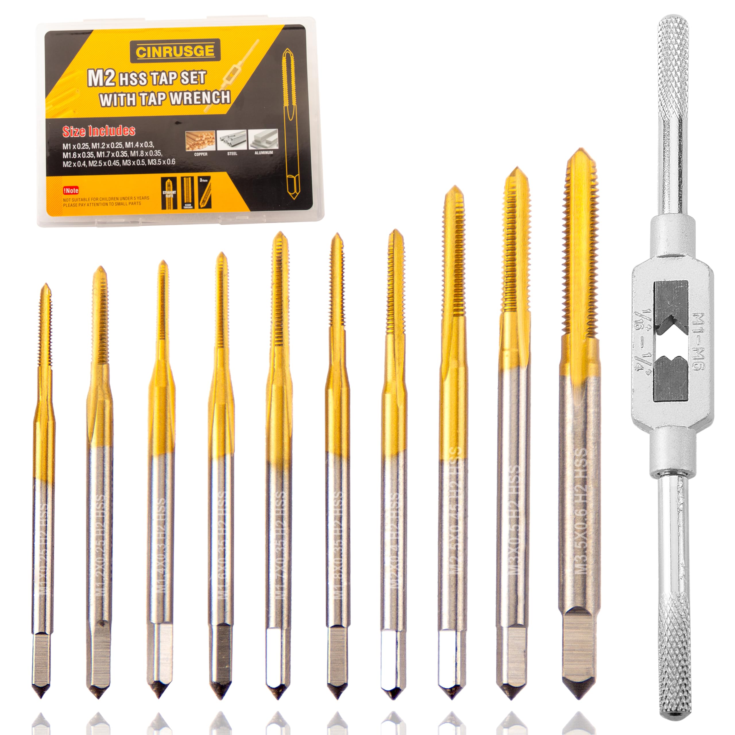 10 pcs M1-M3.5 Tap Set with 1/16"-1/4" Tap Wrench, M1 to M3.5 M2 HSS Thread Tap Set Bit for Steel, Metal, Aluminum, Brass, Plastic-image-15