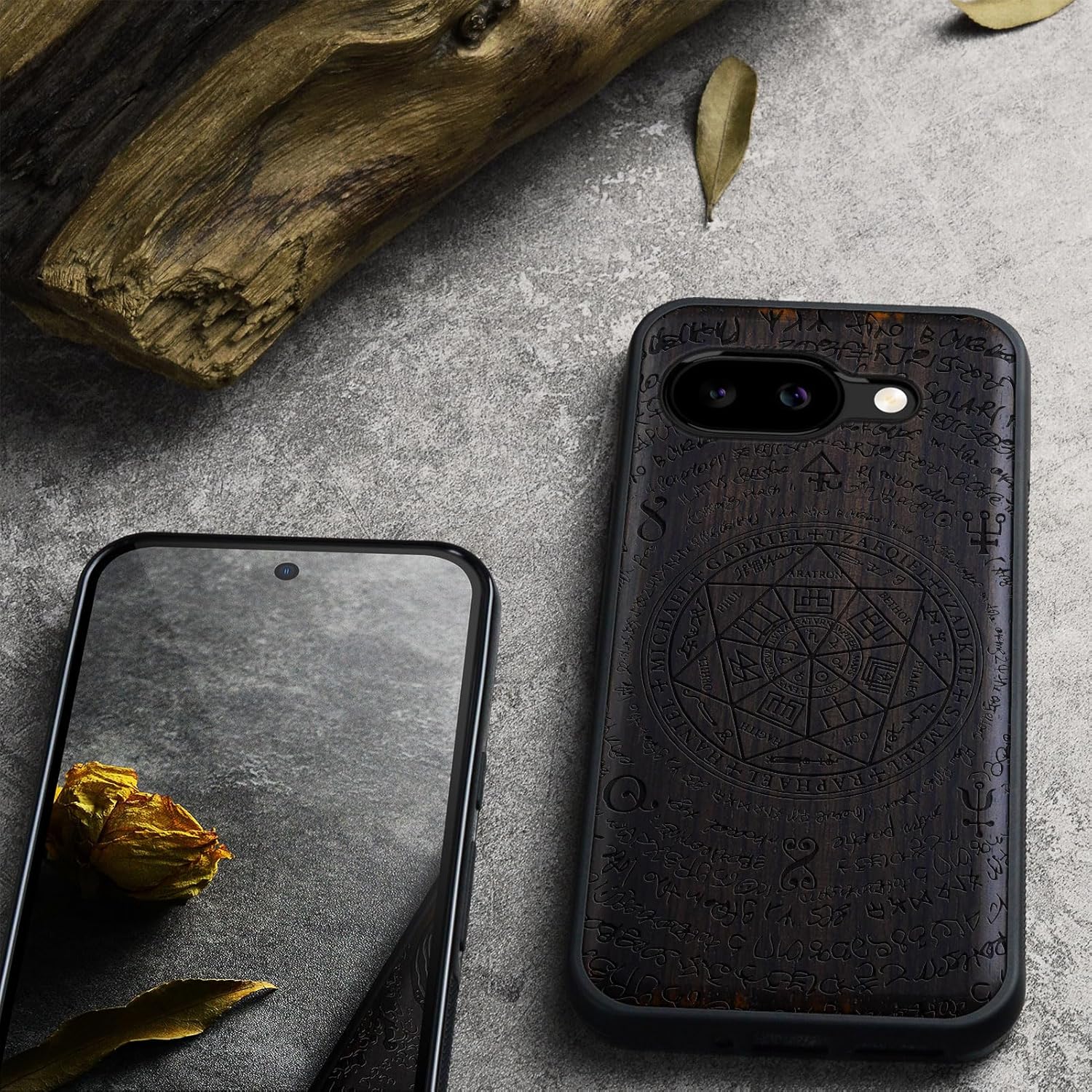 Carveit Magnetic Wooden Case for Google Pixel 9a Case, Wood Artisan Engraved & Soft TPU Shockproof Cover, Compatible with MagSafe Wireless Chargers (Rchangel Solomon's Seals) Blackwood