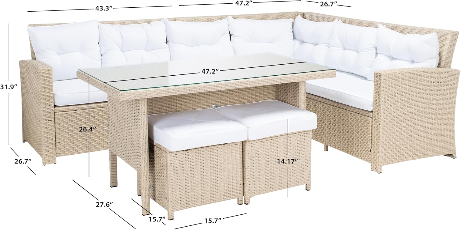 SAFAVIEH Outdoor - Miki 6-Piece Corner Sectional - Beige & White - Faux Wicker & Steel Frame - Wicker Sectional Set with Glass Table - Ideal for Patio, Deck, Porch, Backyard (PAT7708B)