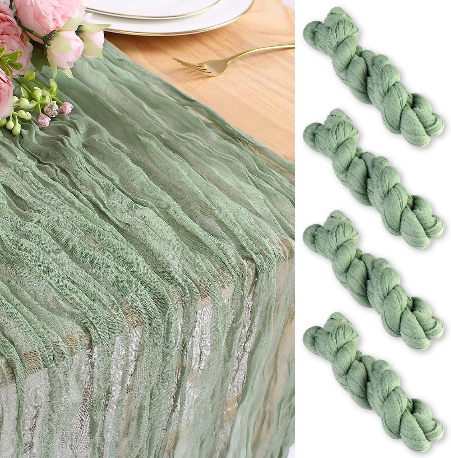 Cheese Cloth Table Runner, Pack of 4 Cheesecloth Table Runner, Green, Washable, Muslin Decorative Fabric, Long Boho Rustic Tablecloth Decorations for Kitchen, Birthday, Wedding Party, Baby Shower