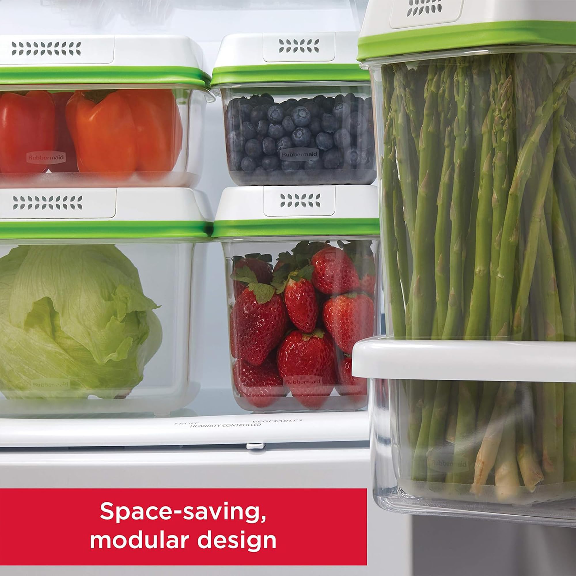 RUBBERMAID FreshWorks - Recipientes de almacenamiento medianos y grandes, juego de 6 piezas, transparente, blanco, verde, juego de 3, tamaño mediano y grande