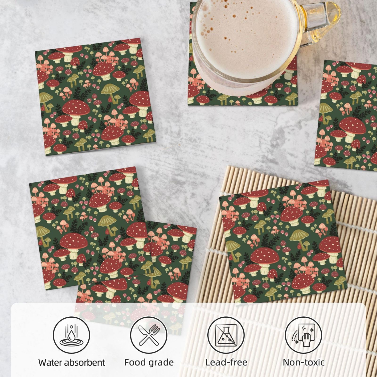 Set di 6 sottobicchieri in ceramica con funghi luminosi, accessori eleganti per la cucina e la casa