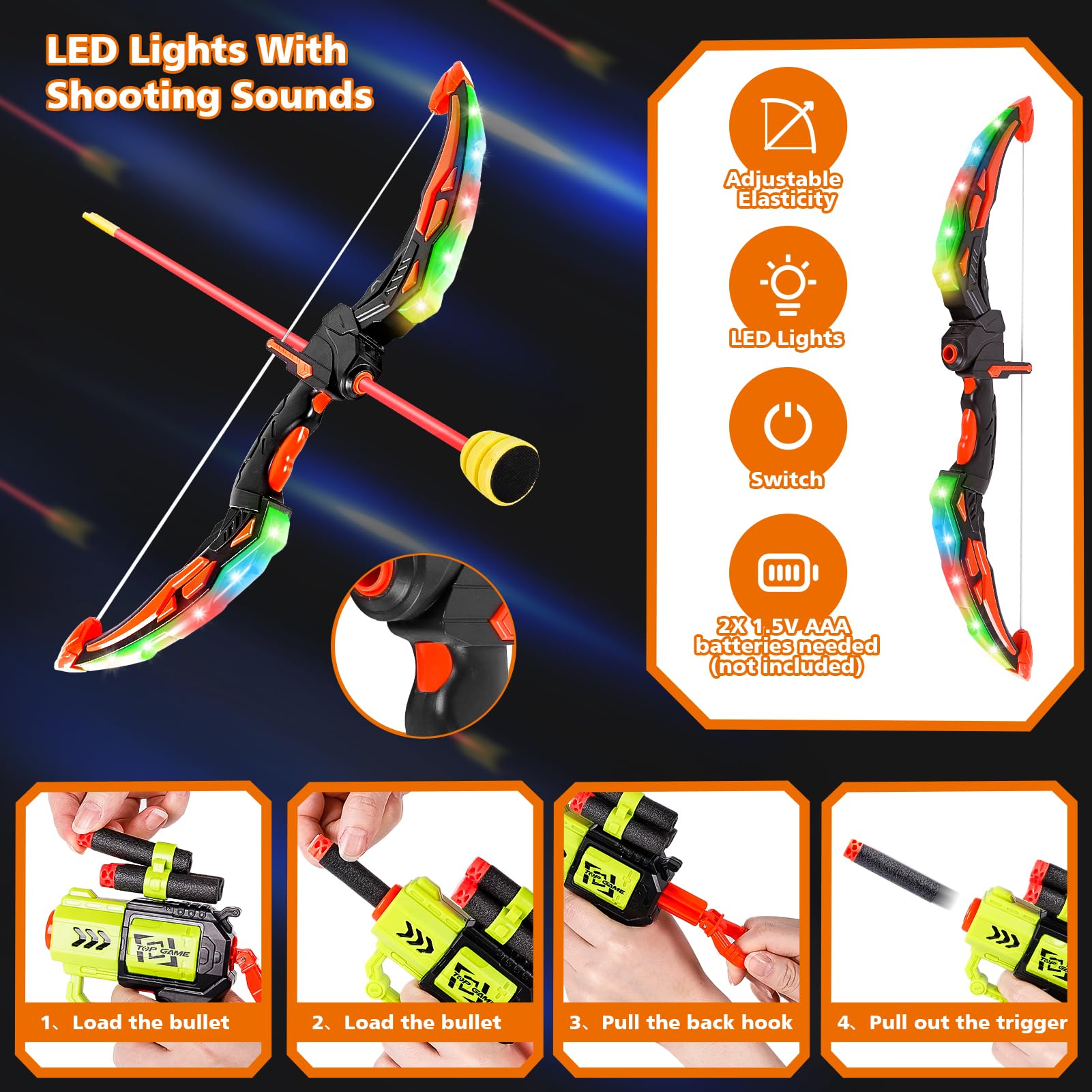 Set di Arco e Frecce per Bambini, Set di tiro con Arco a LED con Grande Bersaglio per Bambini. Include 10 frecce adesive, faretra, 10 proiettili in Velcro, 6 Freccette, ECC.