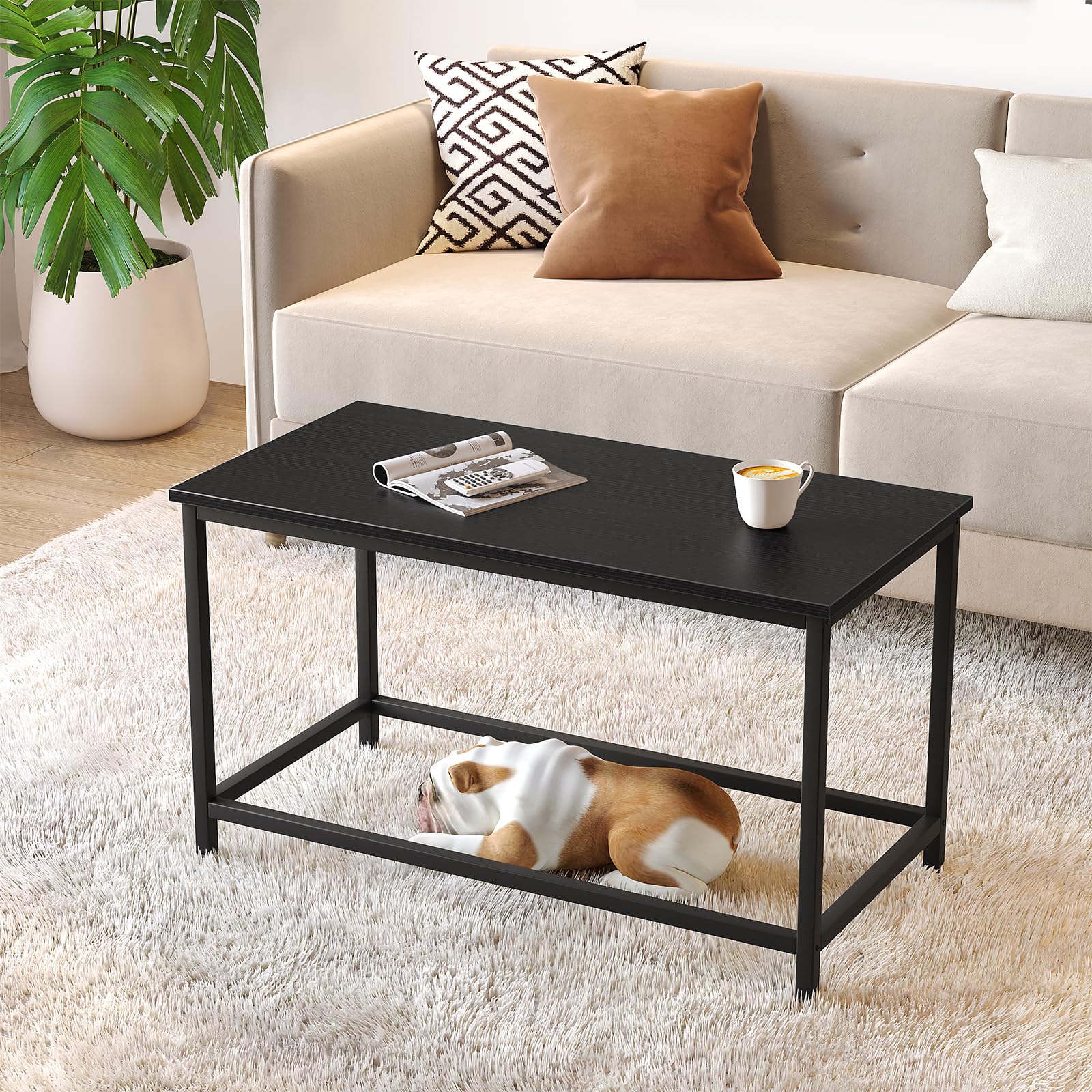 saygoer small black coffee table simple modern open design rectangular minimalist center table for living room small spaces, easy assembly, 31.5 x 15.7 x 17.7, black