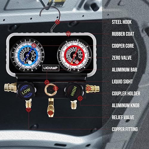 Miniatura 4 de Lichamp AC R1234YF R134A - Juego de medidores de colector automotriz compatible con refrigerantes R1234YF R134A y R404A, funciona en carga y