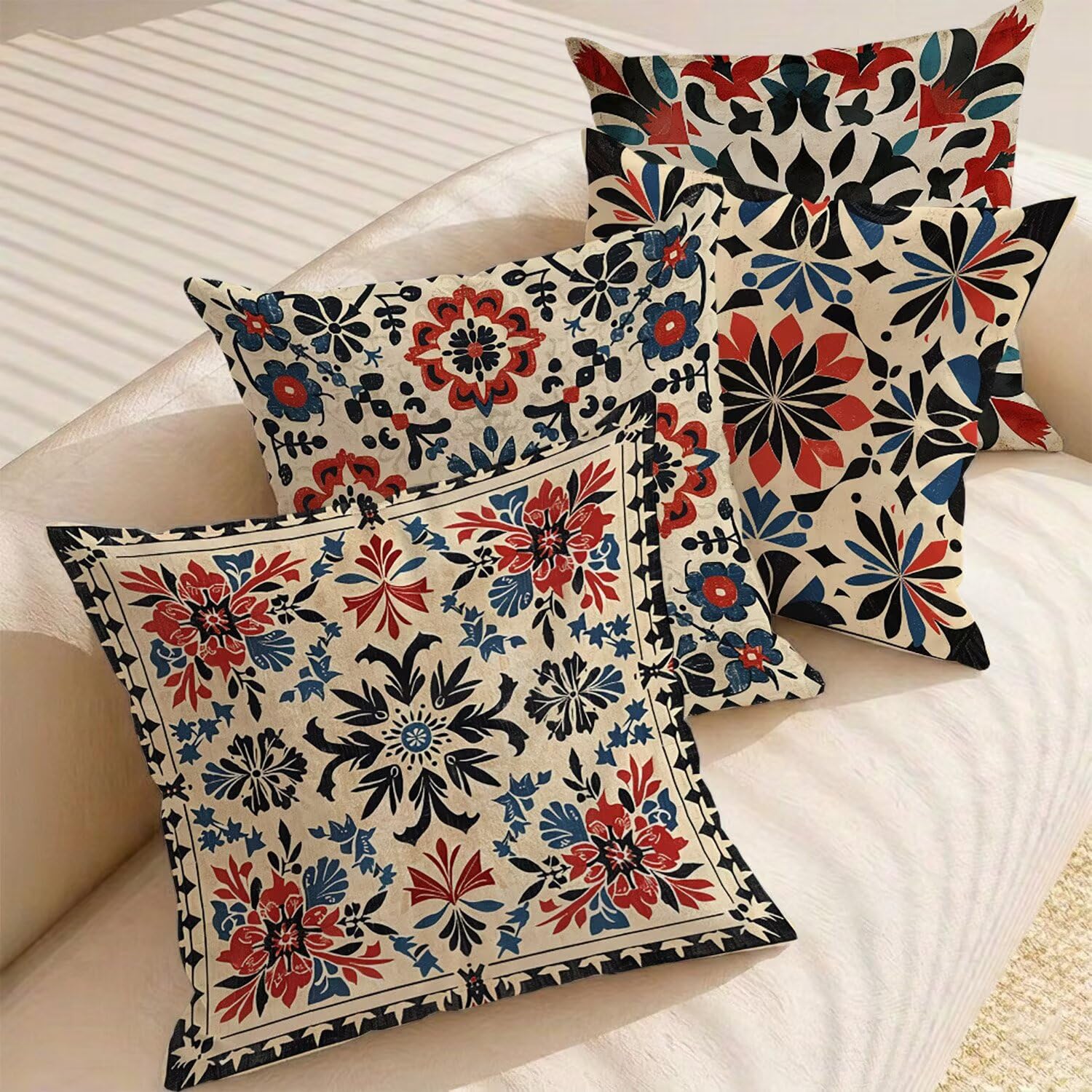 Poduszka outdoorowa, wodoszczelna, zestaw 4 poszewek na poduszkę w stylu boho, 55 x 55 cm, krótkie, pluszowe, kwadratowe, na kanapę, na sofę, taras, meble ogrodowe, balkon, do salonu, dekoracja retro