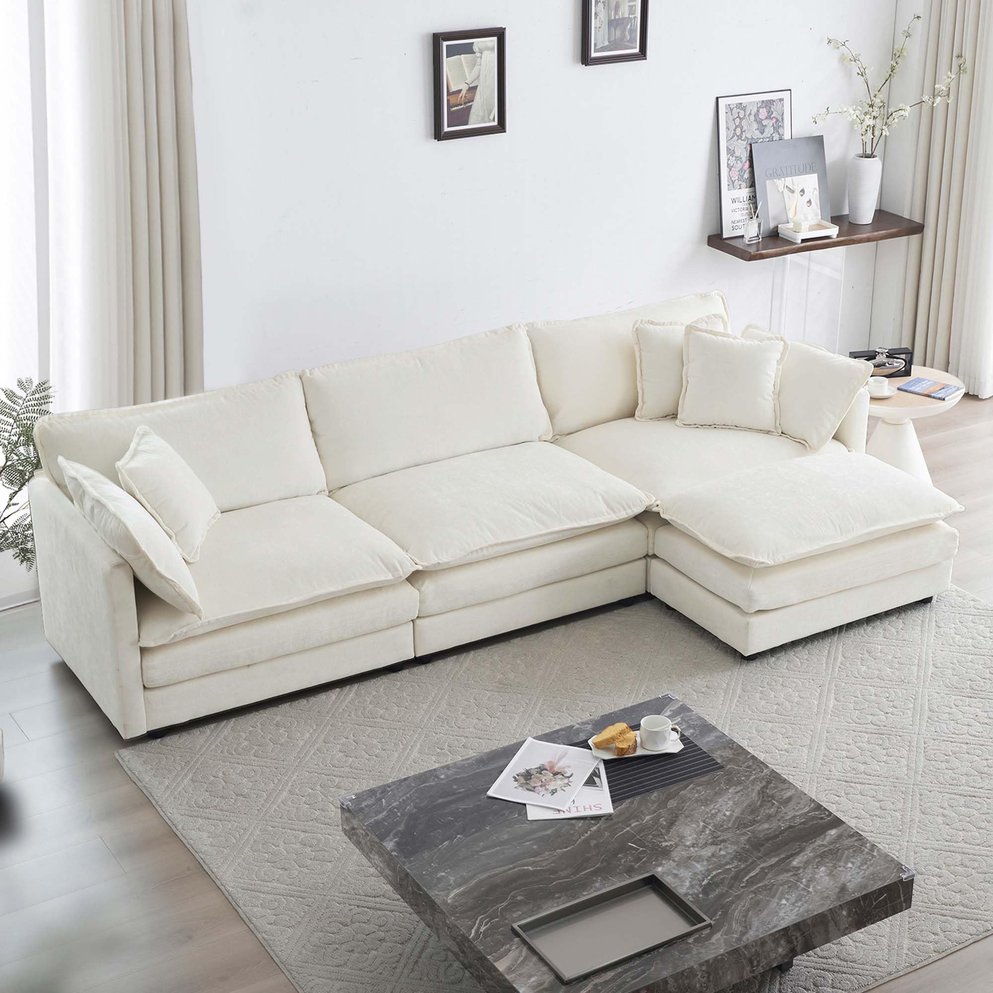 Cloud Sofa 3 Seater with Convertible Ottoman,Oversized Sectional Modular Couch Deep Seat,Beige L-Shape for Living Room Office Apartment