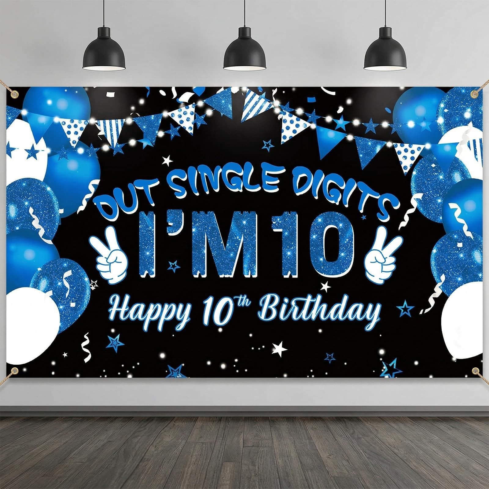 Happy 10th Birthday Banner Gliter Blue 1.5 x 0.9m Happy Birthday Banner Backdrop 10th Birthday Decorations for Boys,10 Years Old Anniversary Party Supplies (blue black)