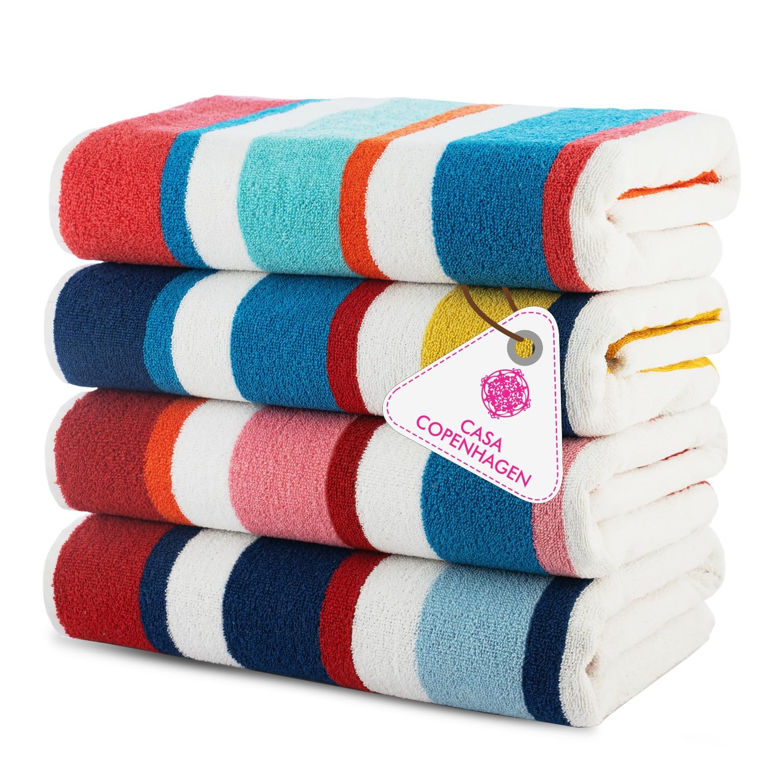 Casa Copenhagen 4 Serviettes de Plage/Piscine Coton 75x150cm, Multicolores | Bora Bora serviettes 100% coton égyptien (150 x 75 cm) pour salle de bain, piscine et plage (coffret cadeau femme et homme)