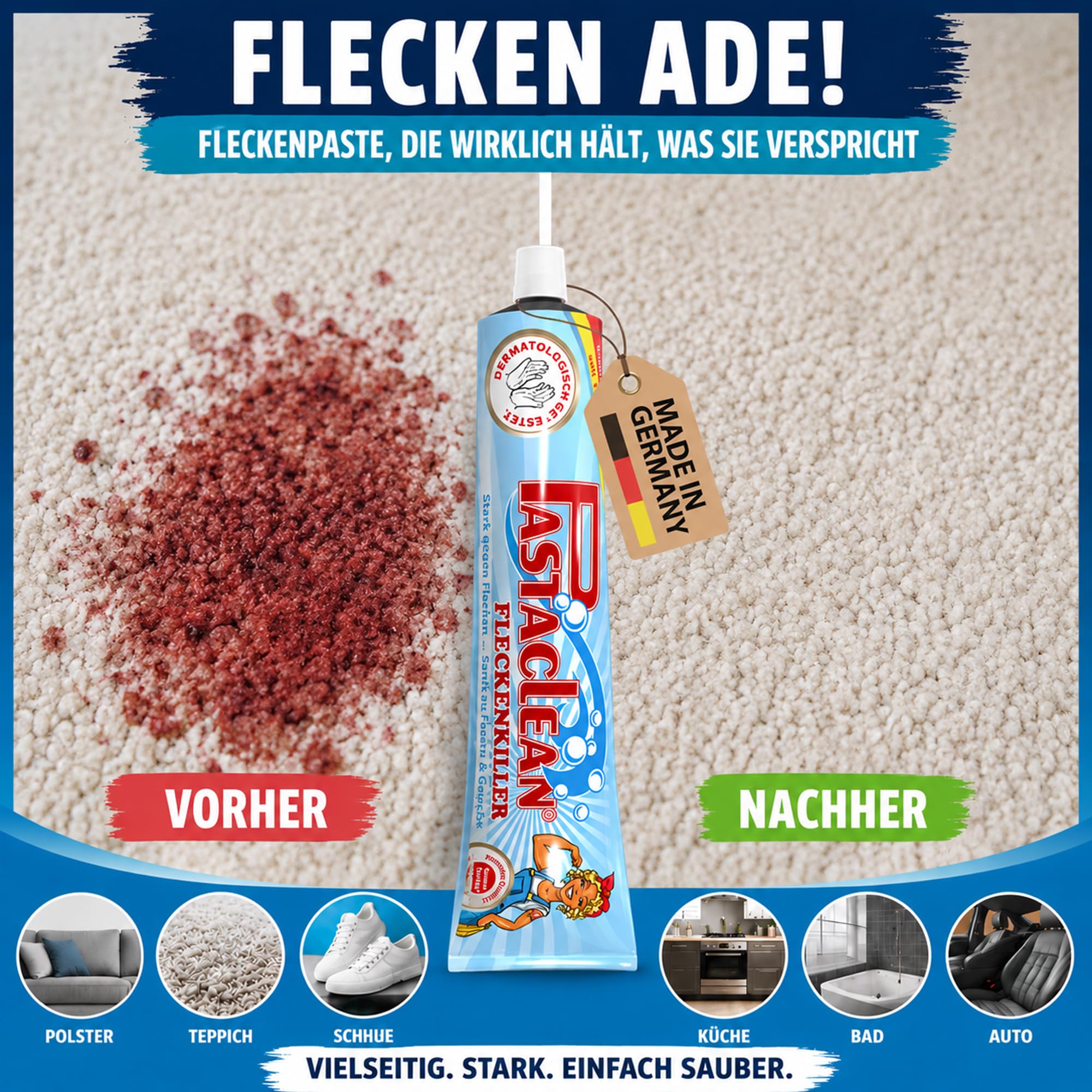 Pastaclean Fleckenpaste, Fleckentferner für alle Fleckenarten, 4x 100ml + Schwamm