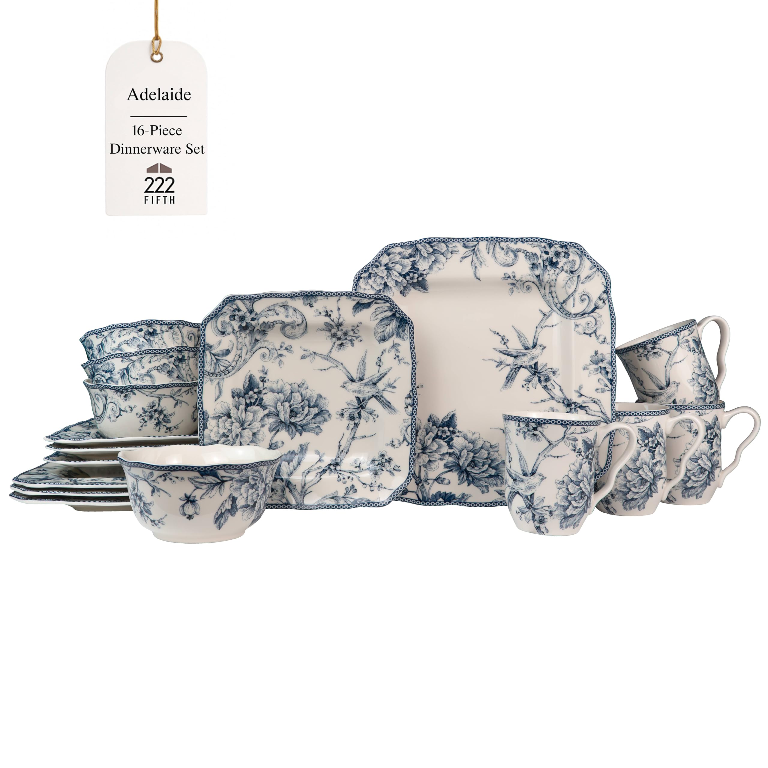 Adelaide 16-Piece Square Floral Dinnerware Set – Service for 4, Blue & White Porcelain Plates & Bowls, for Everyday Dining & Entertainment, Microwave & Dishwasher Safe, Chip Resistant