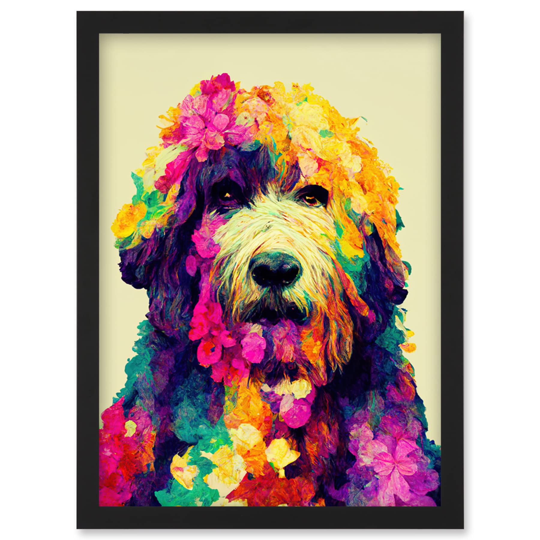 Wee Blue Coo Colourful Vibrant Floral Labradoodle Dog Abstract Portrait Artwork Framed Wall Art Print A4