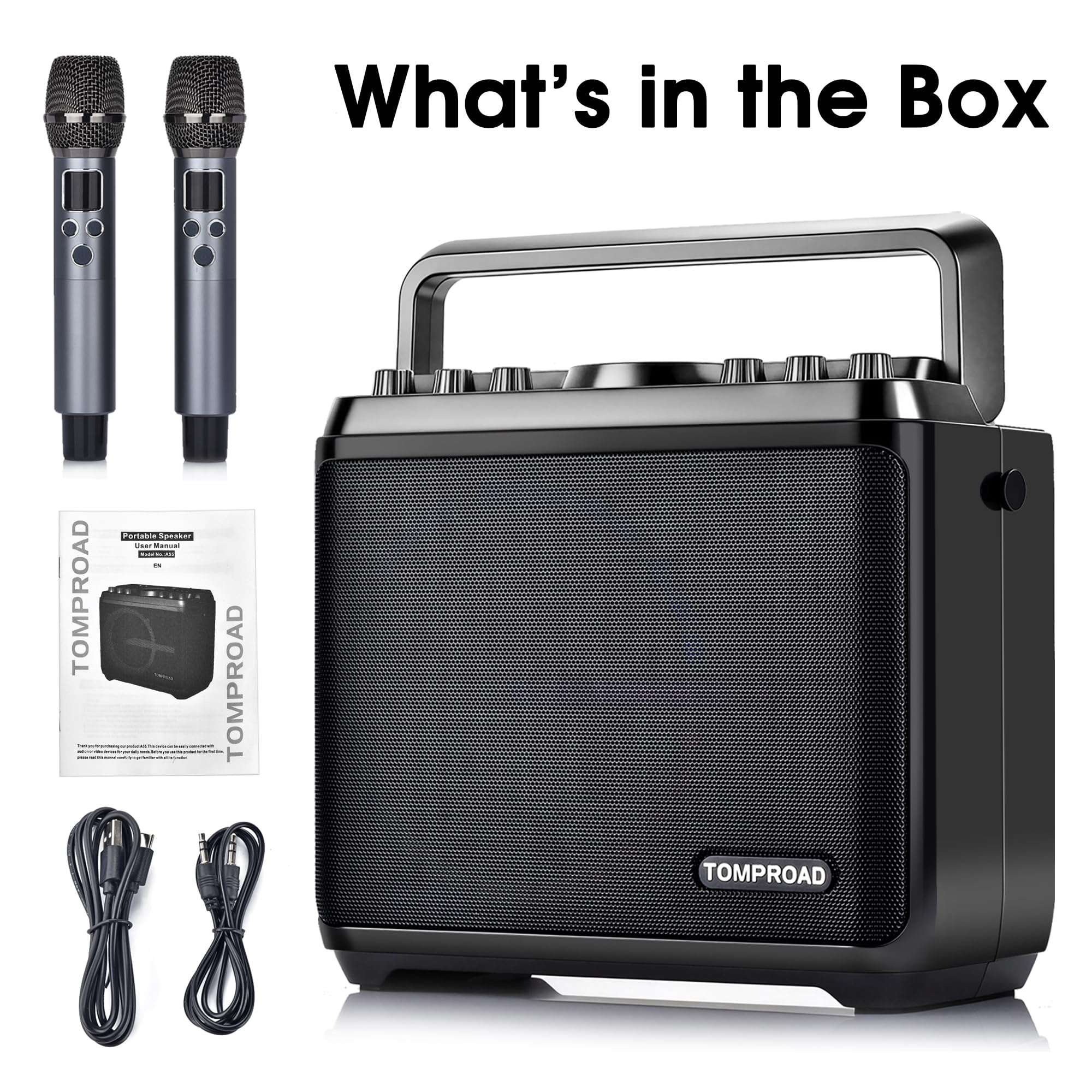 Macchina per karaoke, altoparlante Bluetooth con 2 microfoni wireless, sistema PA portatile per adulti e bambini con luci LED, regolazione dei bassi/acuti, scheda TF/USB, REC per feste a casa(nero)