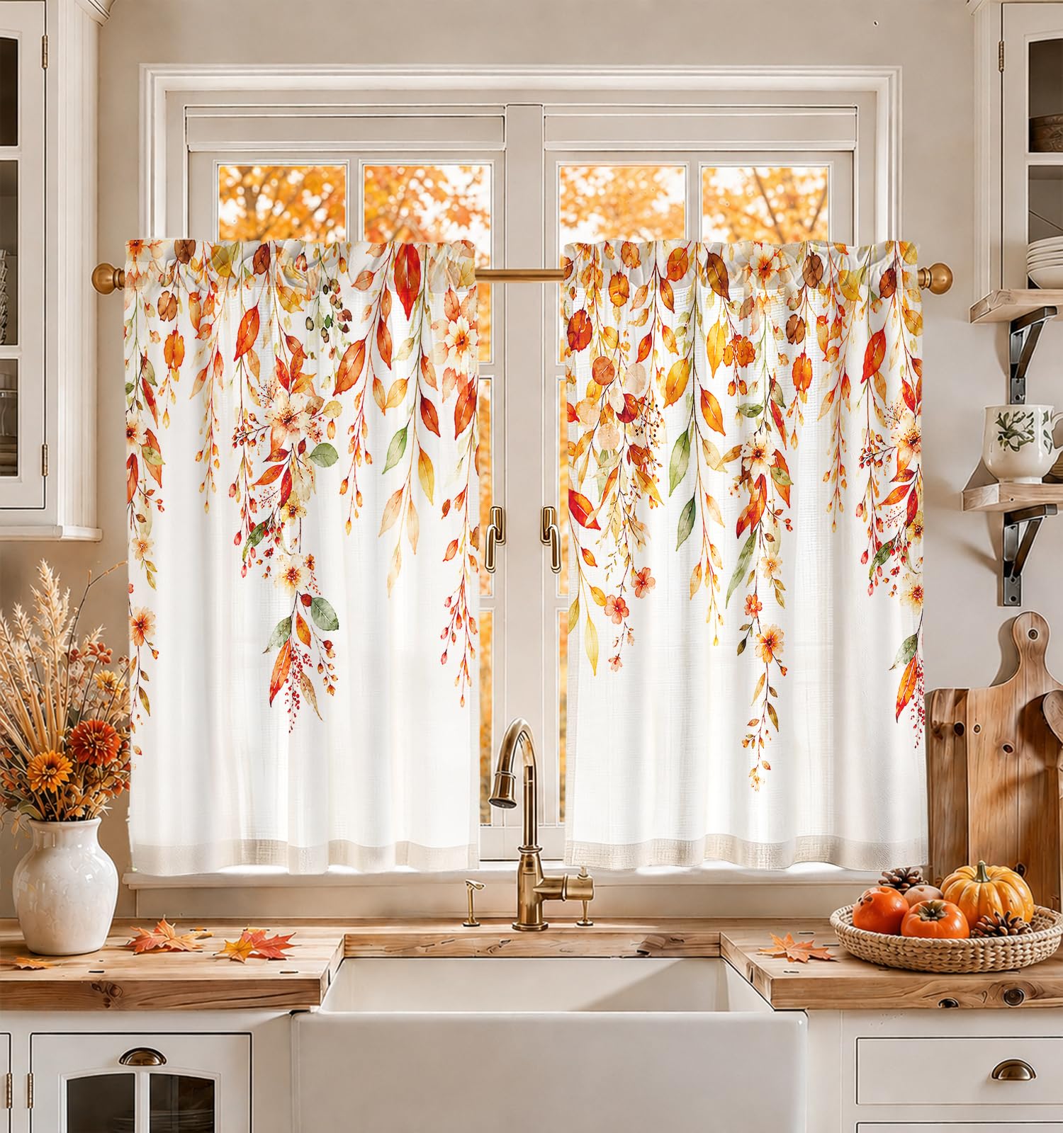 Miss Adola Boho Kitchen Tier Curtains, 36 Inch Length, Fall Leaves