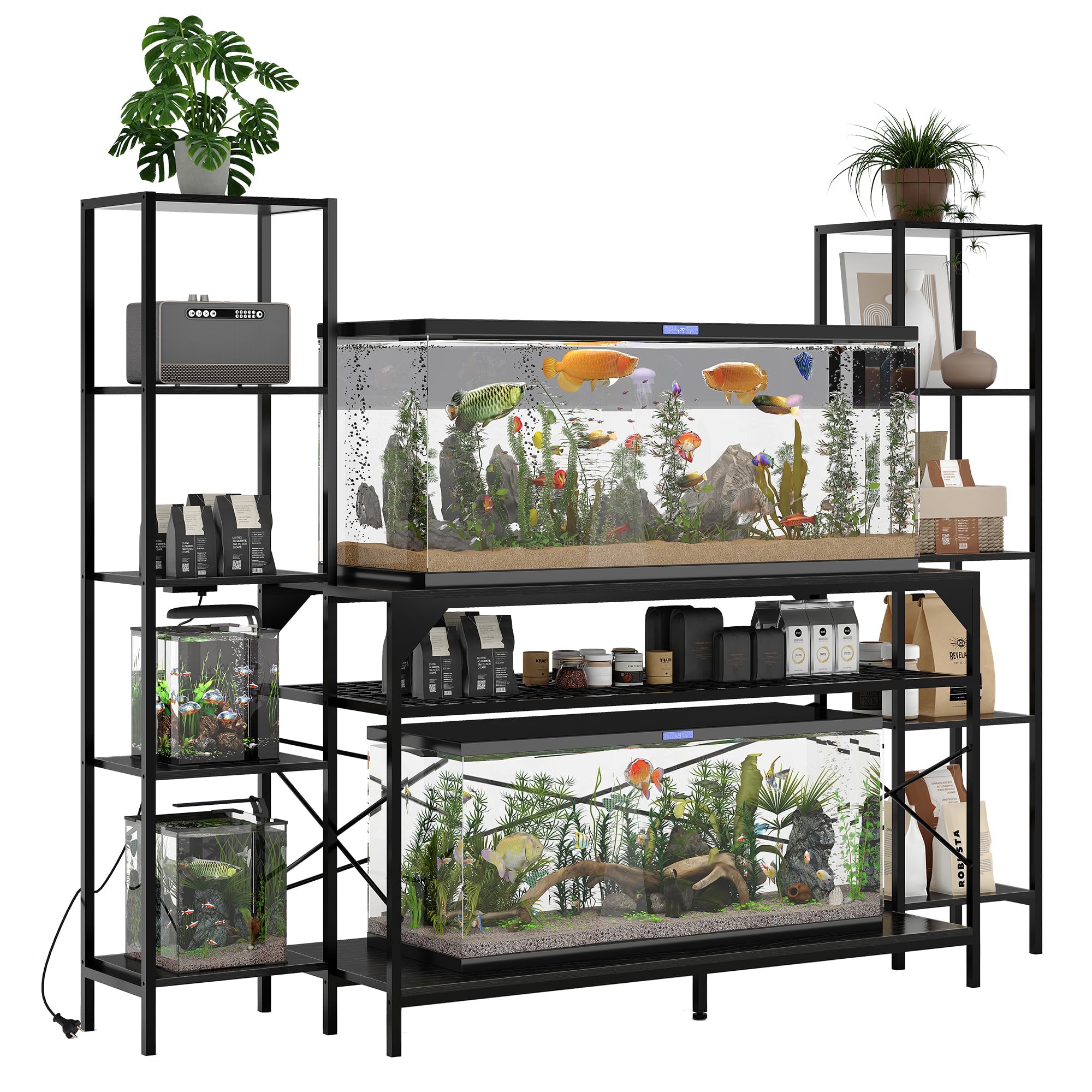 Garvee Soporte Reforzado para Acuario 20-90 Galones – Estructura Metálica con 12 Patas y 4 Estantes – Capacidad 390kg – con Enchufe Eléctrico – Mueble para Peceras y Terrarios – Salón y Hogar –