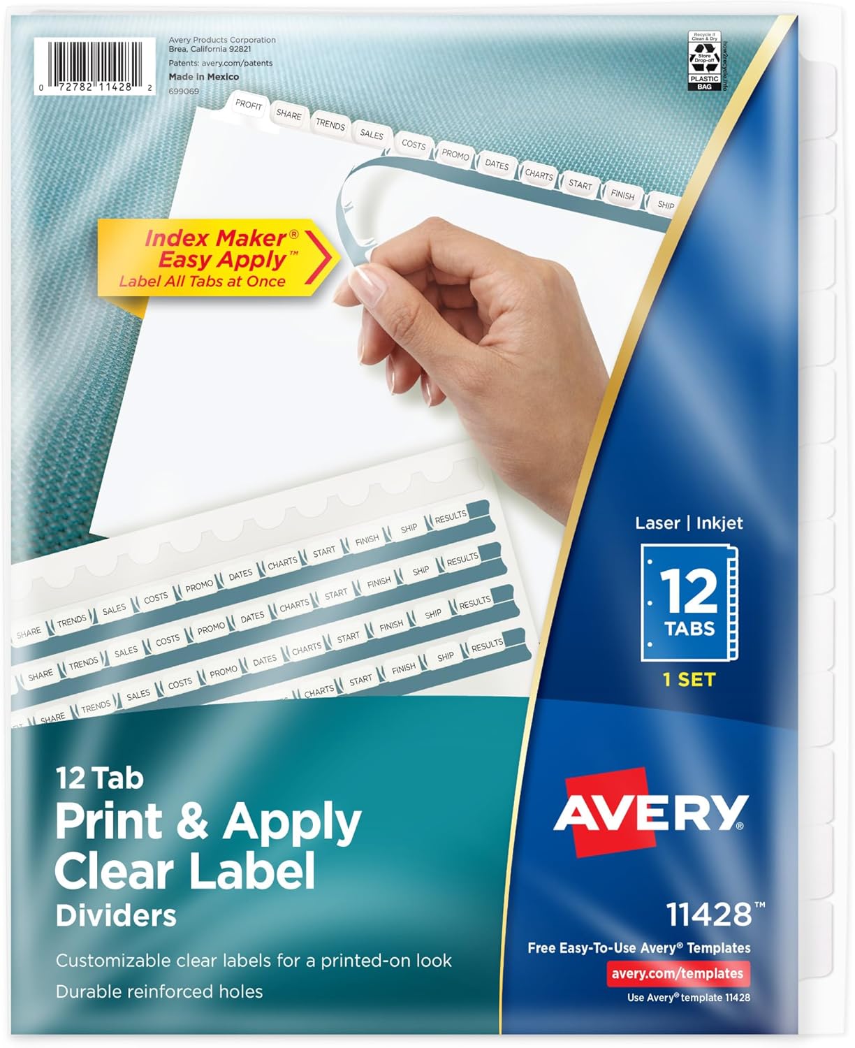 Avery 12 Tab Dividers for 3 Ring Binder, Easy Print & Apply Clear Label Strip, Index Maker Customizable White Tabs, (11428) (Pack of 12)