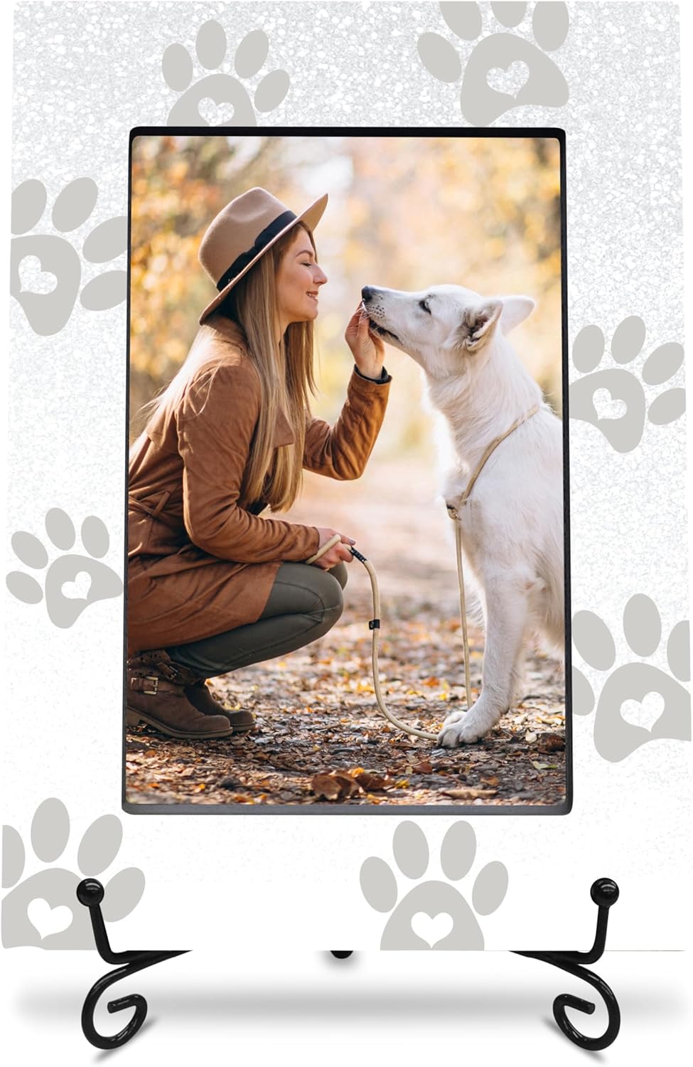 Nuckxy木製フレーム、ブラックメタルスタンド付き - 犬の足跡 - 4インチ x 6インチの縦型写真用の木製フレーム、犬好きへの