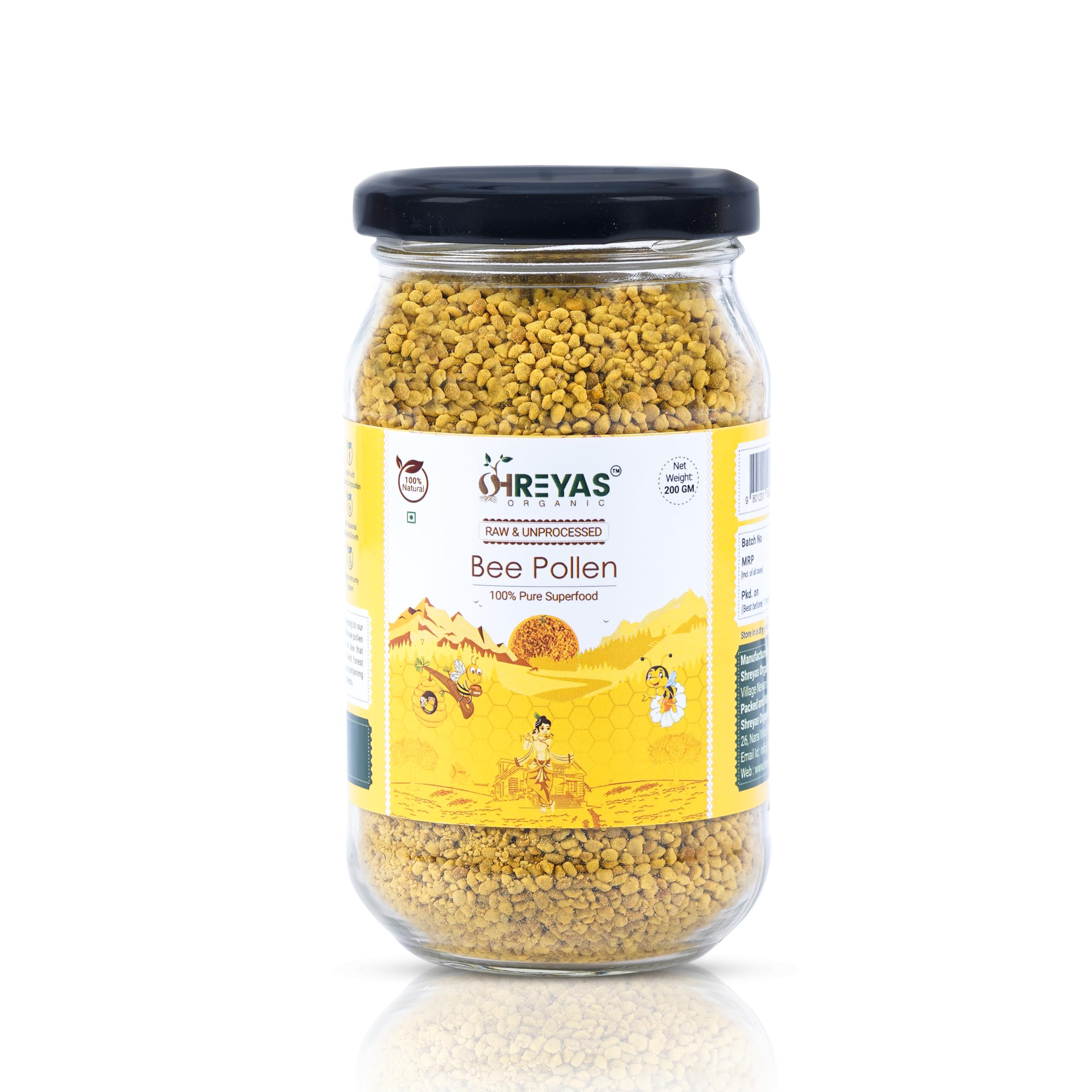 Shreyas Organic -100% Pure Natural Bee Pollen Granules | Rich in Protein, Amino Acids, Vitamins & Antioxidants | Plant based Protein | Natural Superfood | Energy Booster Superfood for Immunity, Stamina & Wellness – 200g (Glass Jar)