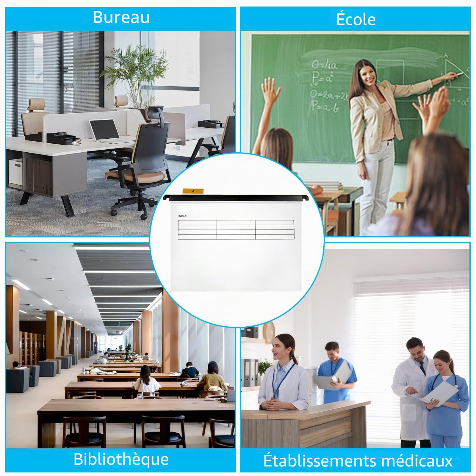 Lot de 20 dossiers suspendus A4 avec onglets et inserts pour cartes, dossiers suspendus transparents A4 pour l'école, le bureau, la bibliothèque, le rangement de documents de bureau