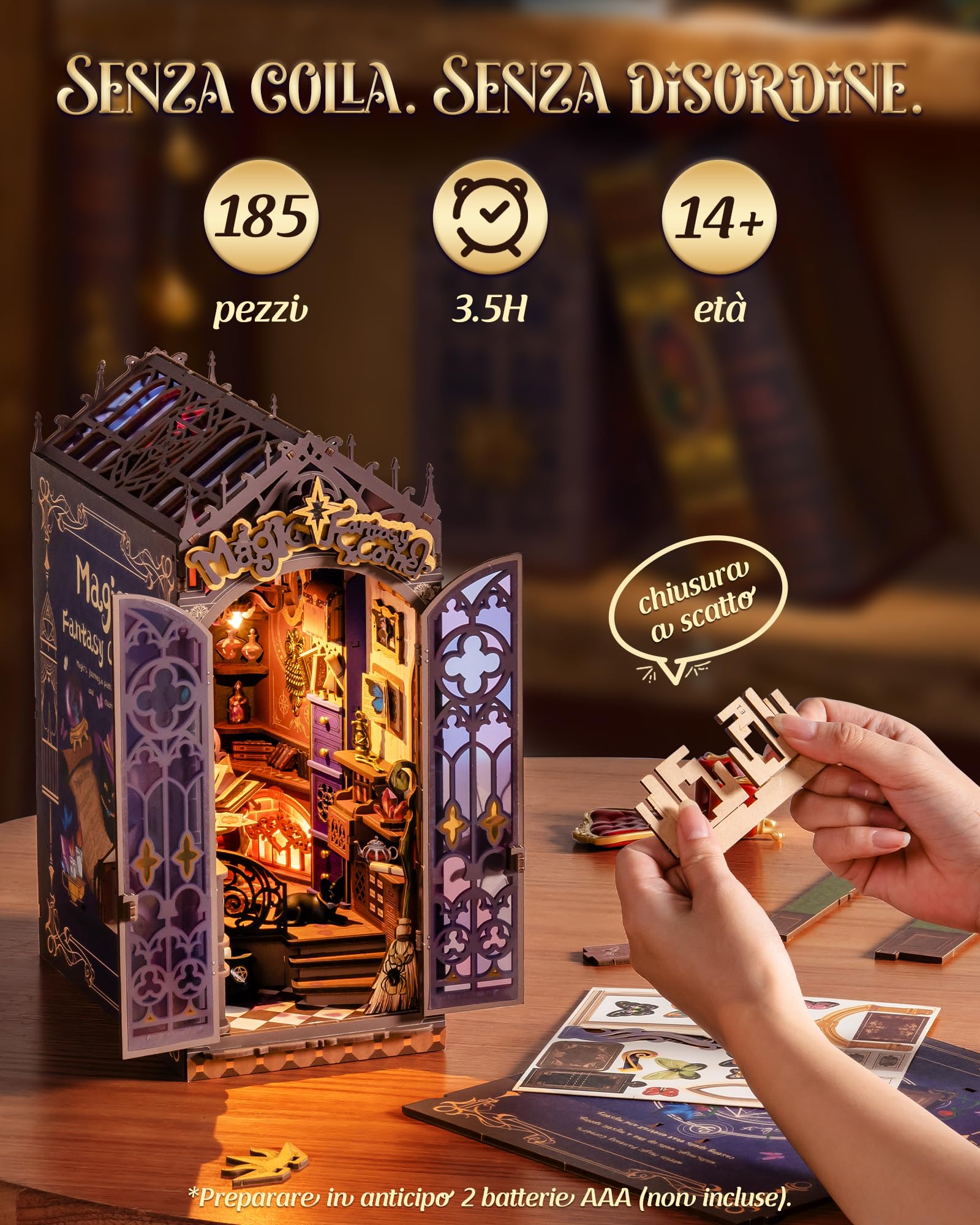 Rolife Book Nook Puzzle 3D Magic Fantasy Corner, DIY Miniature House con Luci e Porta Chiudibile, Kit Diorama Booknook per Libreria d'Angolo, Regalo di Natale & Compleanno Unico per Adulti