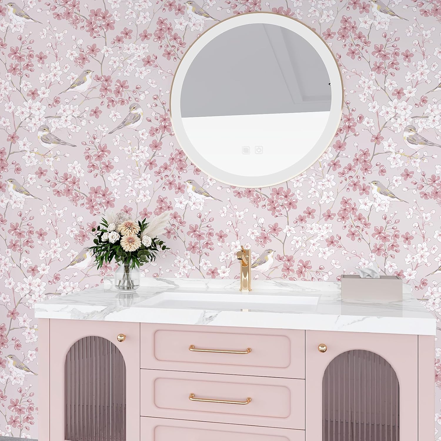 VEELIKE Pink Sakura Cherry Blossom Peel and Stick Wallpaper Vintage Bird Wallpaper Prepasted Pink Floral Wallpaper for Bedroom Nursery 17.7''x118'' Removable Floral Contact Paper for Cabinets Drawers