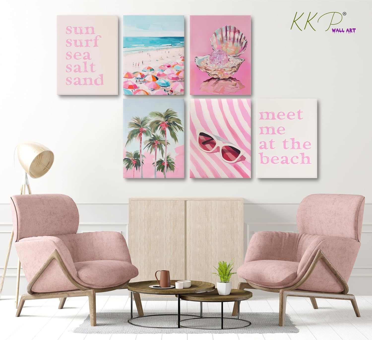 KKP Pink Coastal Canvas Wall Art Beach Preppy Room Decor Colorful Beach Umbrella Palm Tree Picture Wall Decor Disco Shell Beachy Quotes Poster Print Artwork for Teen Girls Dorm Wrapped Canvas 12x16in