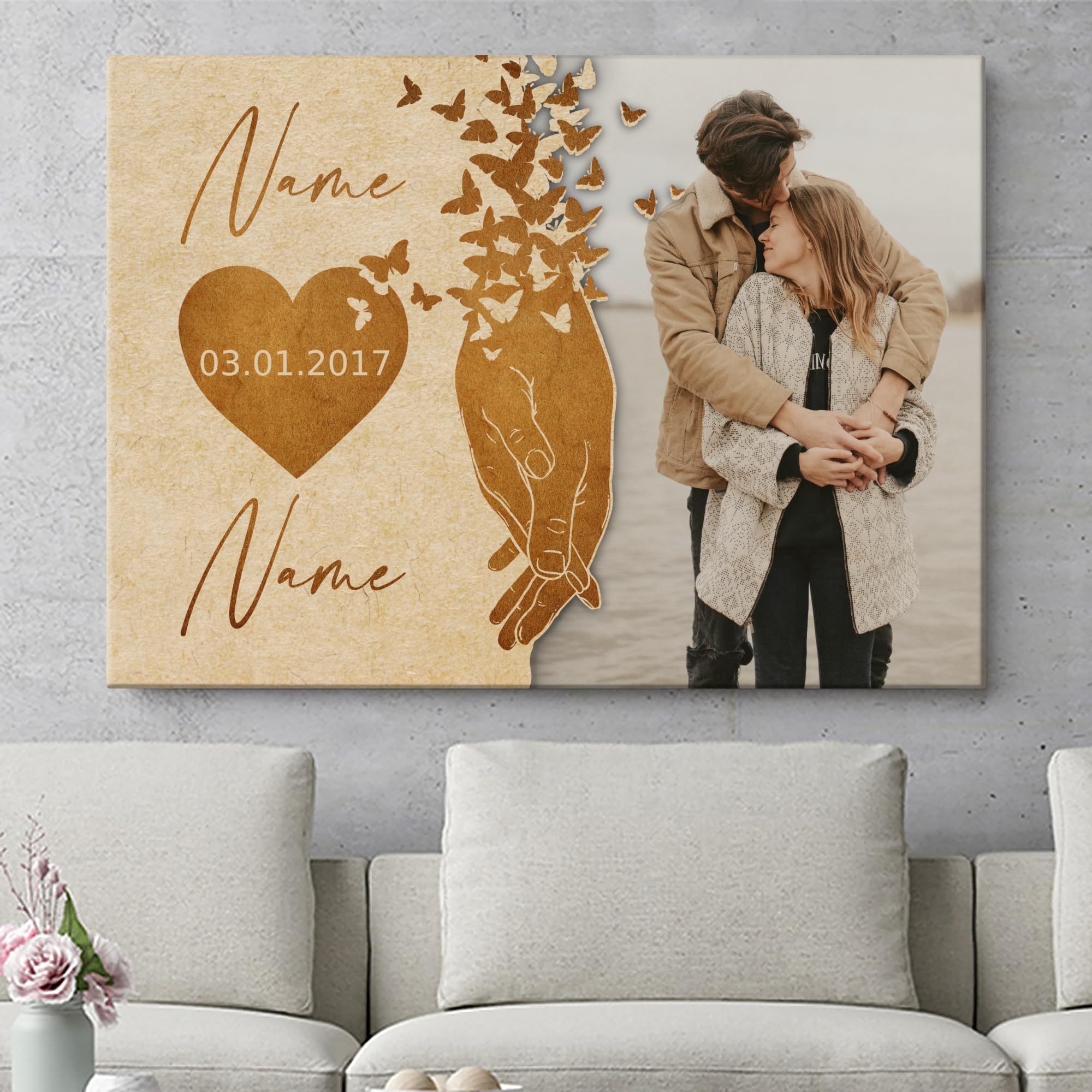Liebesleinwand Individuelles Wandbild mit Foto | Jahrestag, Hochzeitstag Geschenke für Frauen | Leinwand mit Foto, Namen und Datum gestalten | Nimm meine Hand