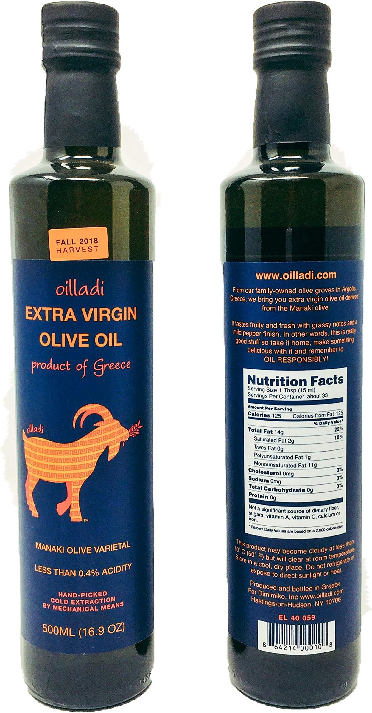 Oilladi Extra Virgin Olive Oil, Cold Extraction, Low Acidity, Mono-varietal, imported from Greece 500 ml