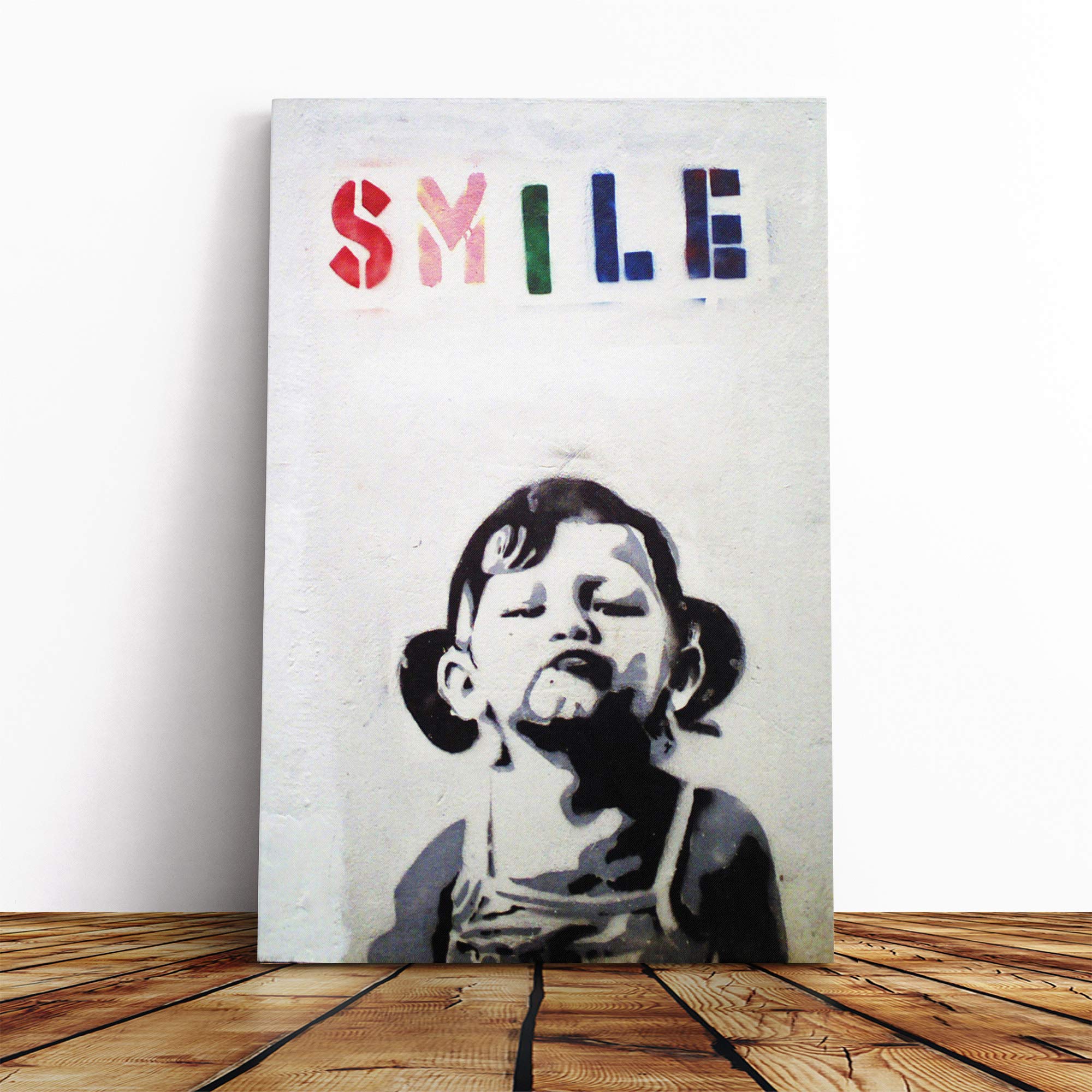 Banksy Smile Graffiti Wall Art Canvas Print | Gallery Wrapped 30mm Frame Wall Decor | 20x14 inches | Ready to Hang | Pop Art Picture | Living Room Bedroom Lounge Office