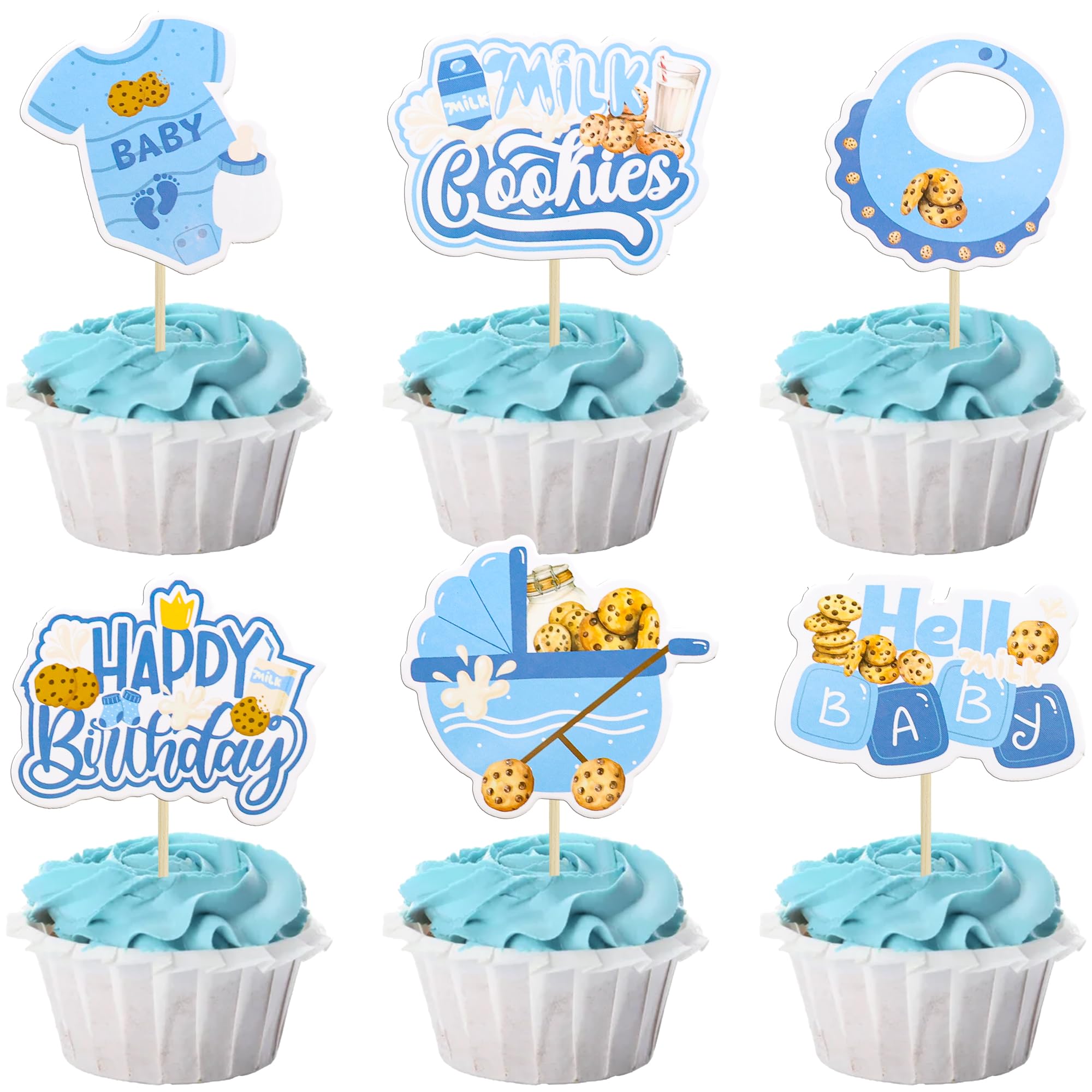 Ephlyn 36Pcs Cookies Cupcake Toppers Happy Birthday Cupcake Picks for Cookies Milk Theme Baby Shower Kids Birthday Party Cake Decoration Supplies Blue