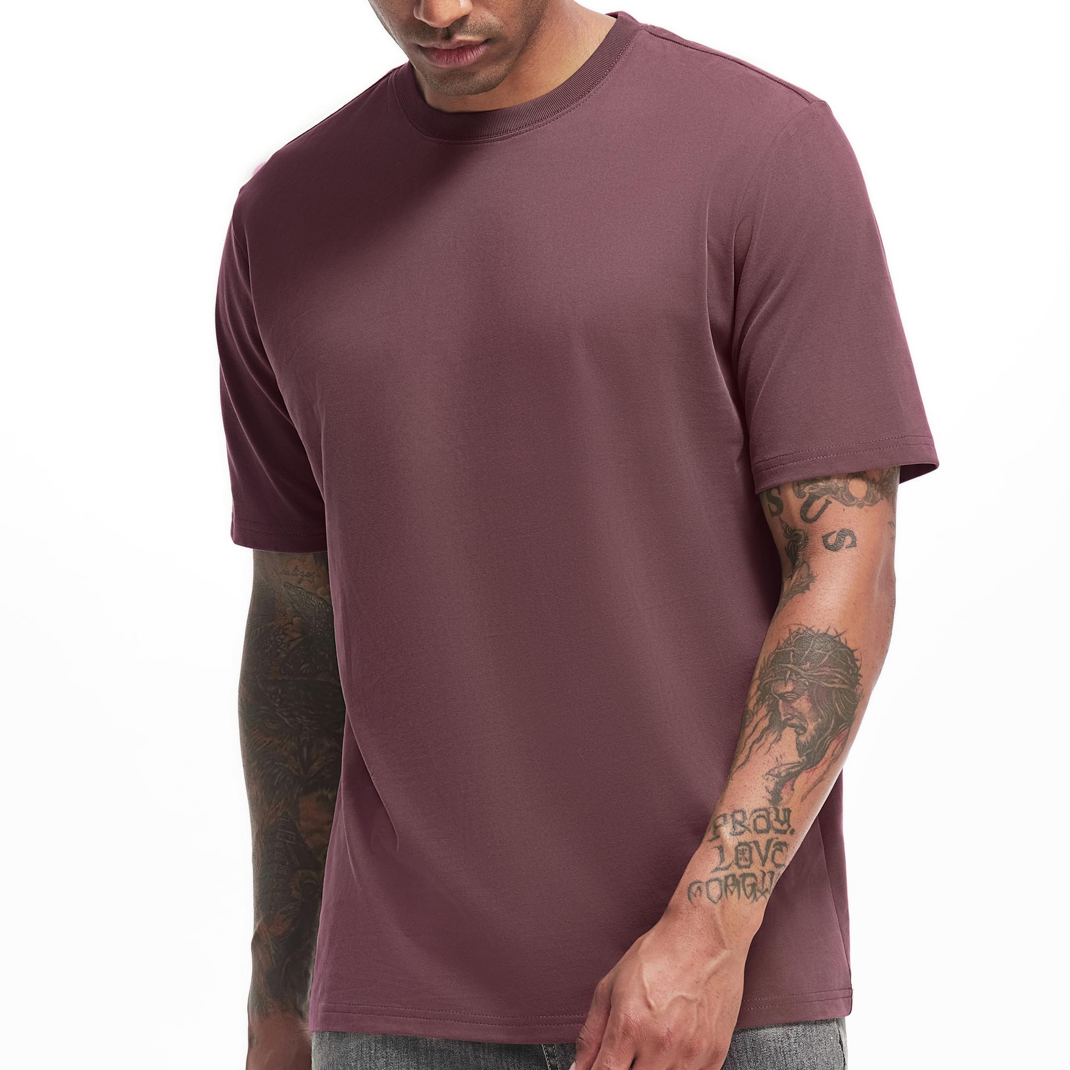 VEIISAR Herren Dickes Rundhals T-Shirt Herren Hochwertiges Baumwoll Schwergewicht T-Shirt mit Anti-Schrumpfung(T2 Dark Wine red XXXL)