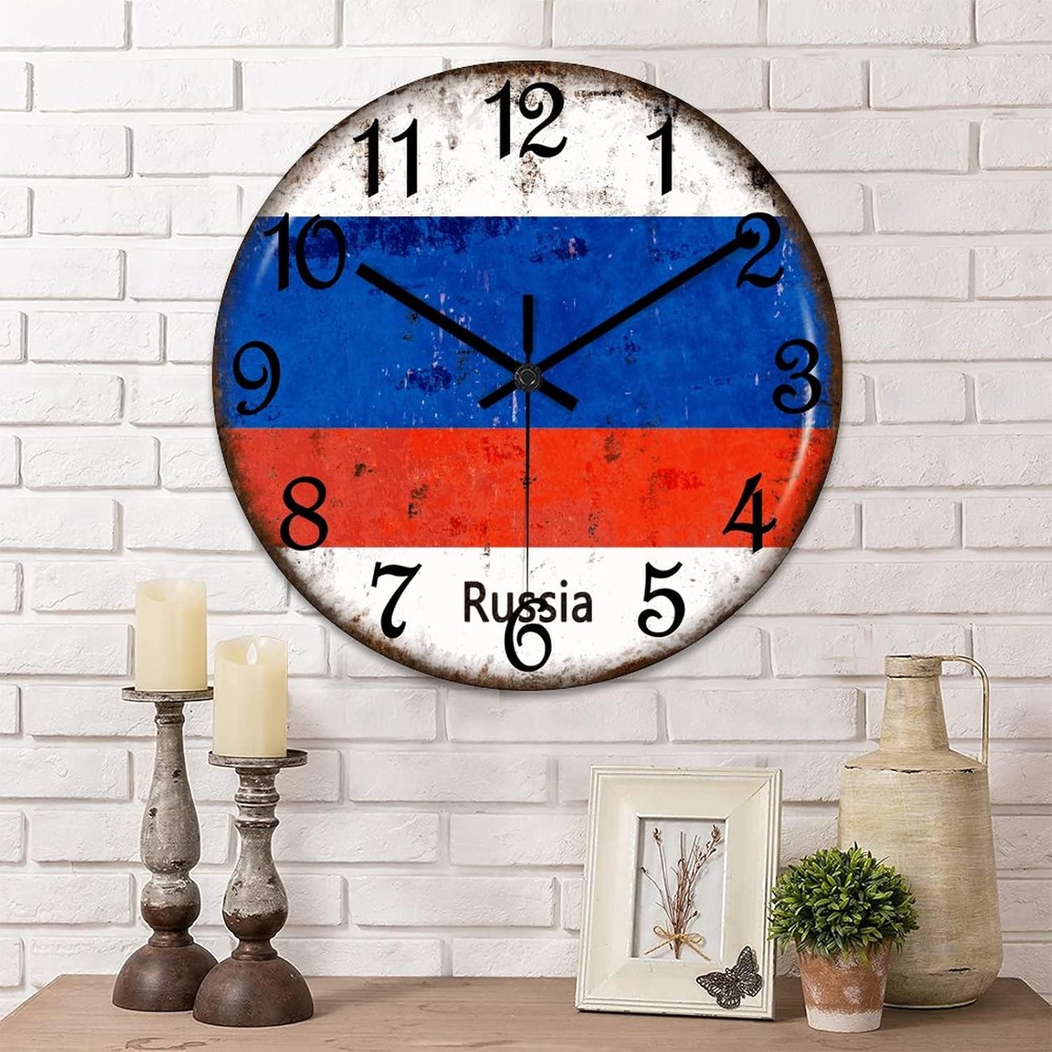 Russia Flag Wall Clock Russia Wooden Wall Clocks Battery Operated 15 Inch Non-Ticking Retro Cabin Wall Decor for Kitchen Bedroom Living Room Office