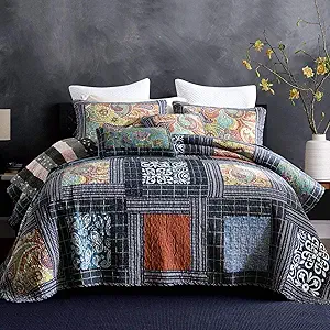 NEWLAKE Bedspread Quilt Set with Real Stitched Embroidery, Paisley Grid Pattern,Queen Size