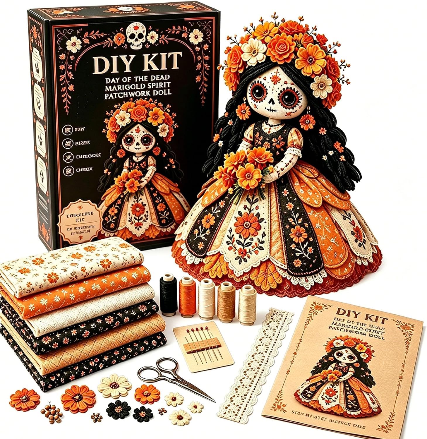 Halloween DIY Patchwork Kit,Day of the Dead Patchwork Doll DIY Kit,Sugar Skull Sewing Craft Kits,Handmade Fall Home Decor,Pre-Cut Plush Doll Making Sewing Set with Stuffing & Thread (A Color)