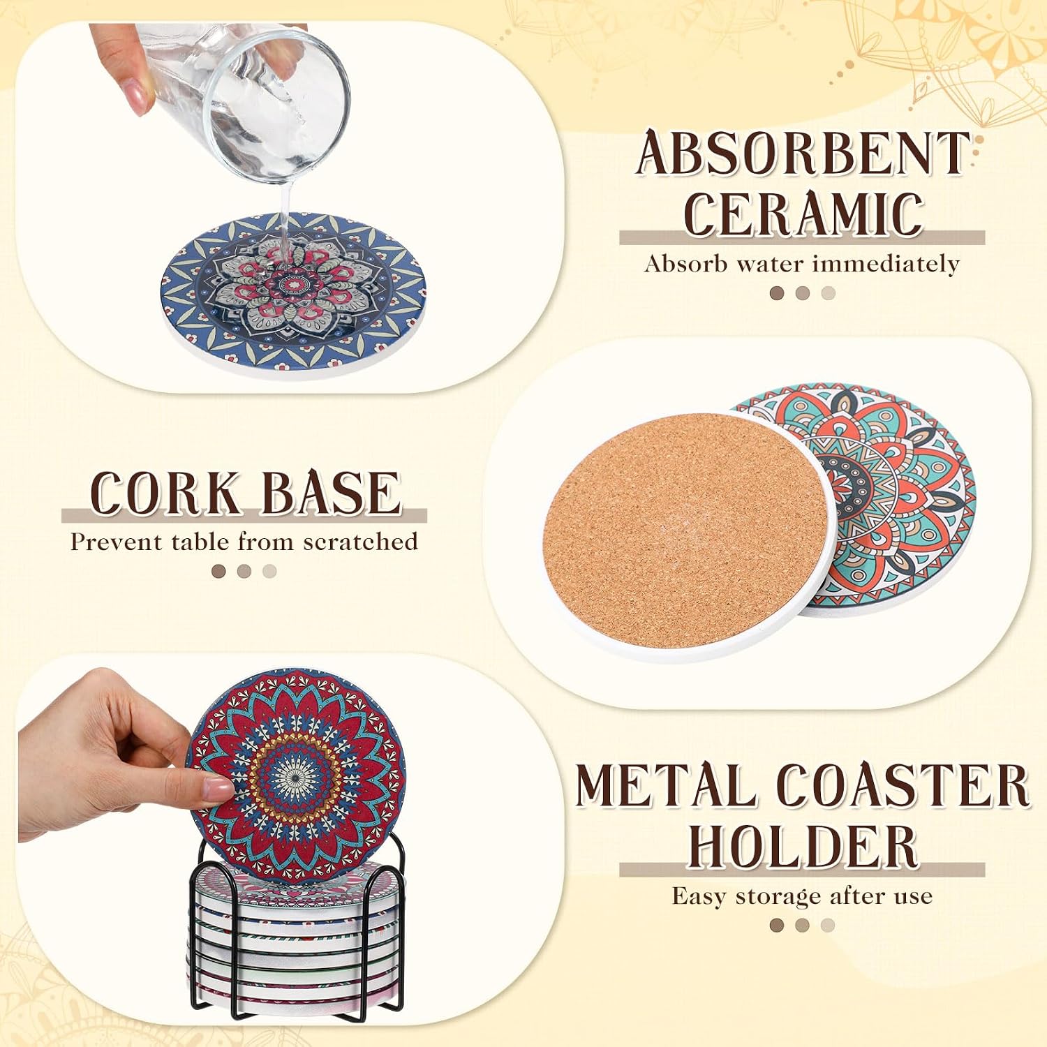 Patelai 8 Pcs Boho Ceramic Coasters Set with Holder 4 Inch Mandala Round Absorbent Drink Coasters for Coffee Table Glasses Bar Mugs Housewarming Home Decoration Gift Supplies