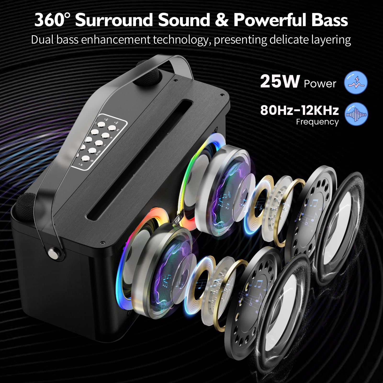 PKBD Machine de Karaoké avec Support pour Téléphone/Tablette, Système de Karaoké Portable avec 2 Microphones sans Fil/Lumières LED/Système de Sonorisation pour Fête à Domicile, Cadeaux d'anniversaire