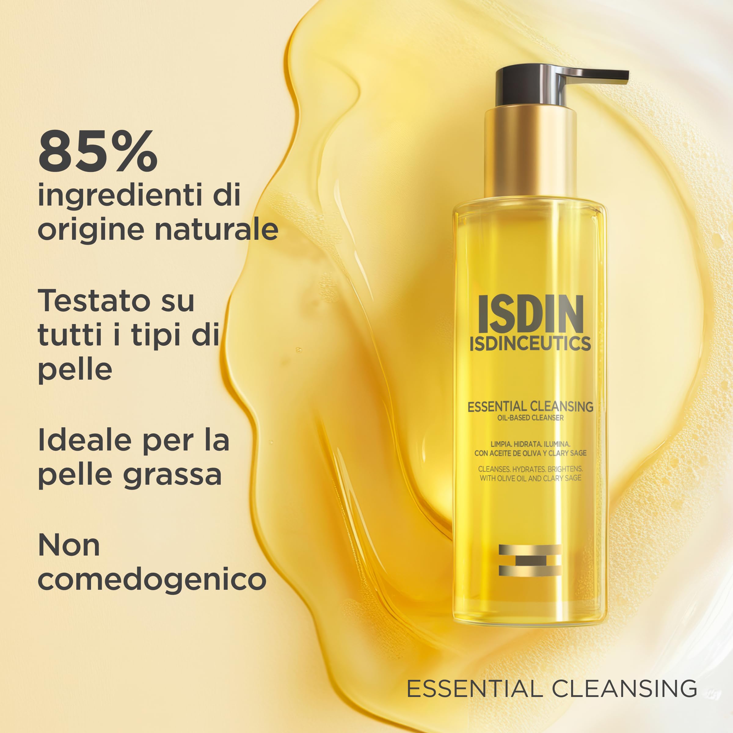 ISDIN Isdinceutics Essential Cleansing 200 ml | Olio Detergente Viso Delicato e Leggero, Texture Olio-in-Latte | Rimuove Trucco e Crema Solare | 85% di Ingredienti di Origine Naturale