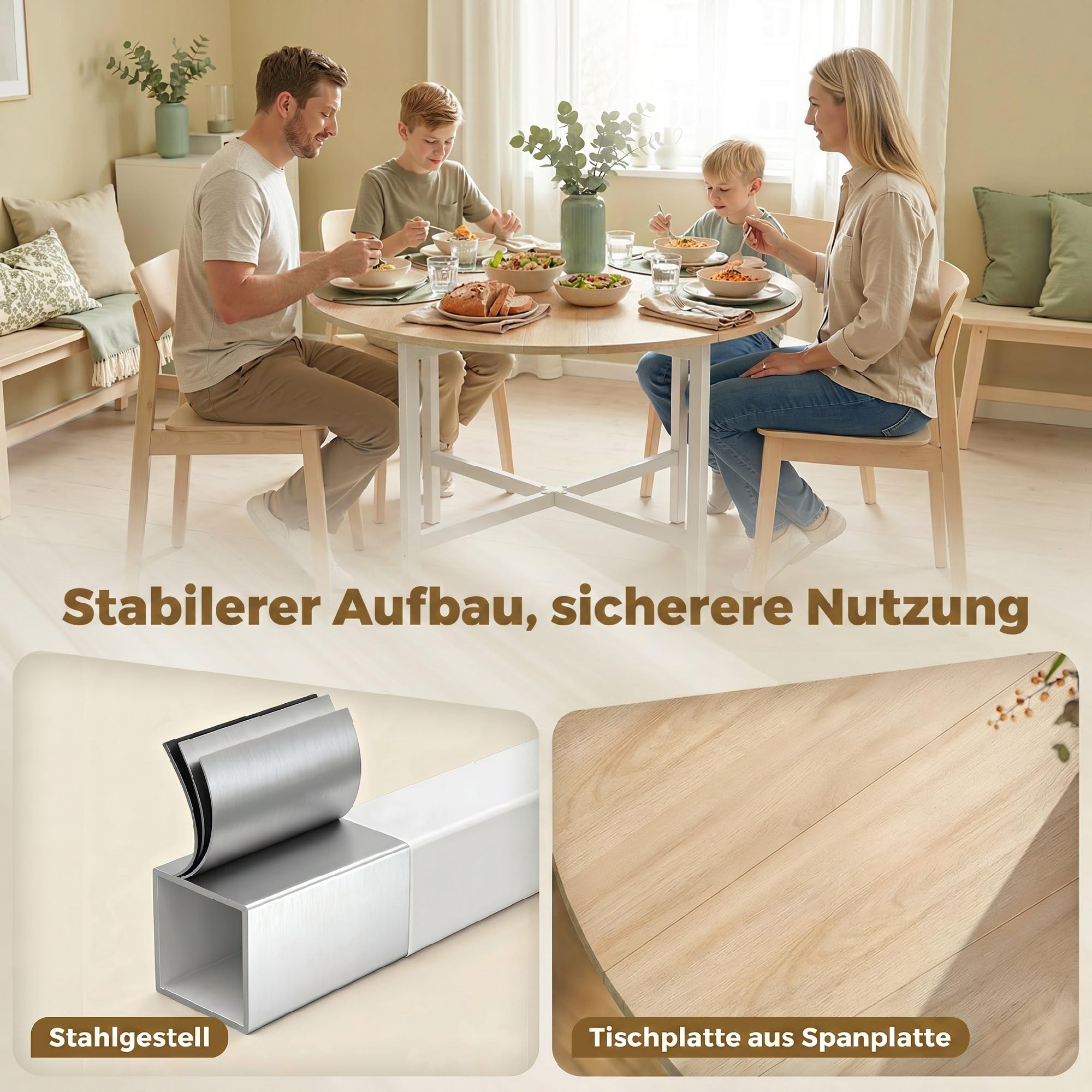 HOMCOM Esstisch Klappbarer Küchentisch für 2-4 Personen, Runder Esszimmertisch mit Stahleinen Klapptisch für Kleine Räume, Esszimmer, Küche, 80 x 80 x 76 cm, Naturholz