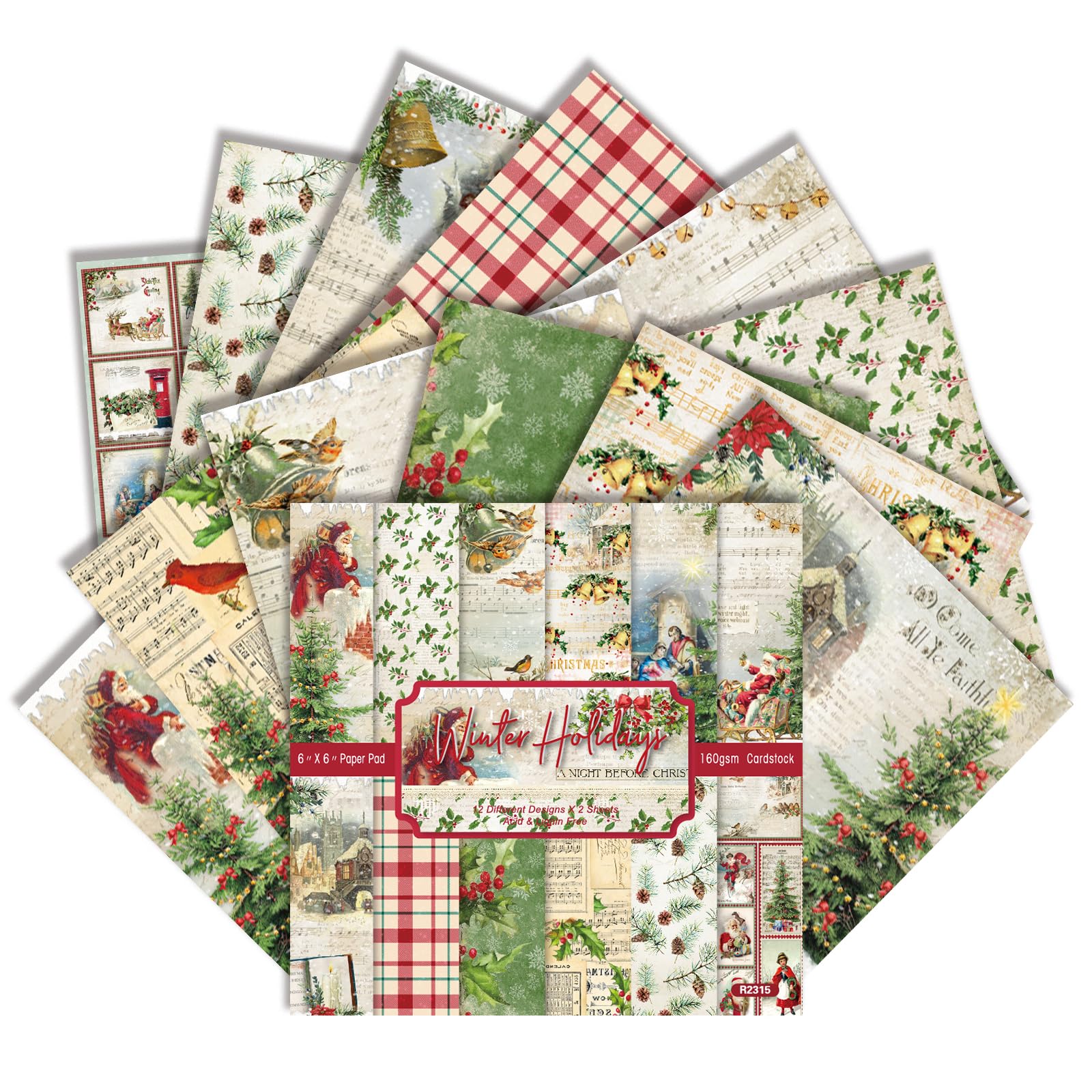 Christmas Scrapbook Paper 6x6 Inches 24 Sheets with 12 Festive Vintage Patterns Single Sided Cardstock for Holiday Cards, Journaling, and Crafting Supplies (O, 6×6)