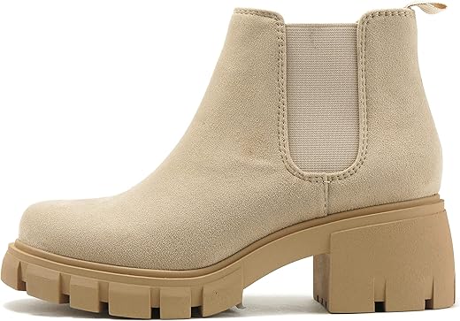 Soda PIONEER ~ Women Lug Sole Mid Heel Chelsea Fashion Ankle Bootie w/Double Elastic Gore (LT-Wheat, numeric_9)