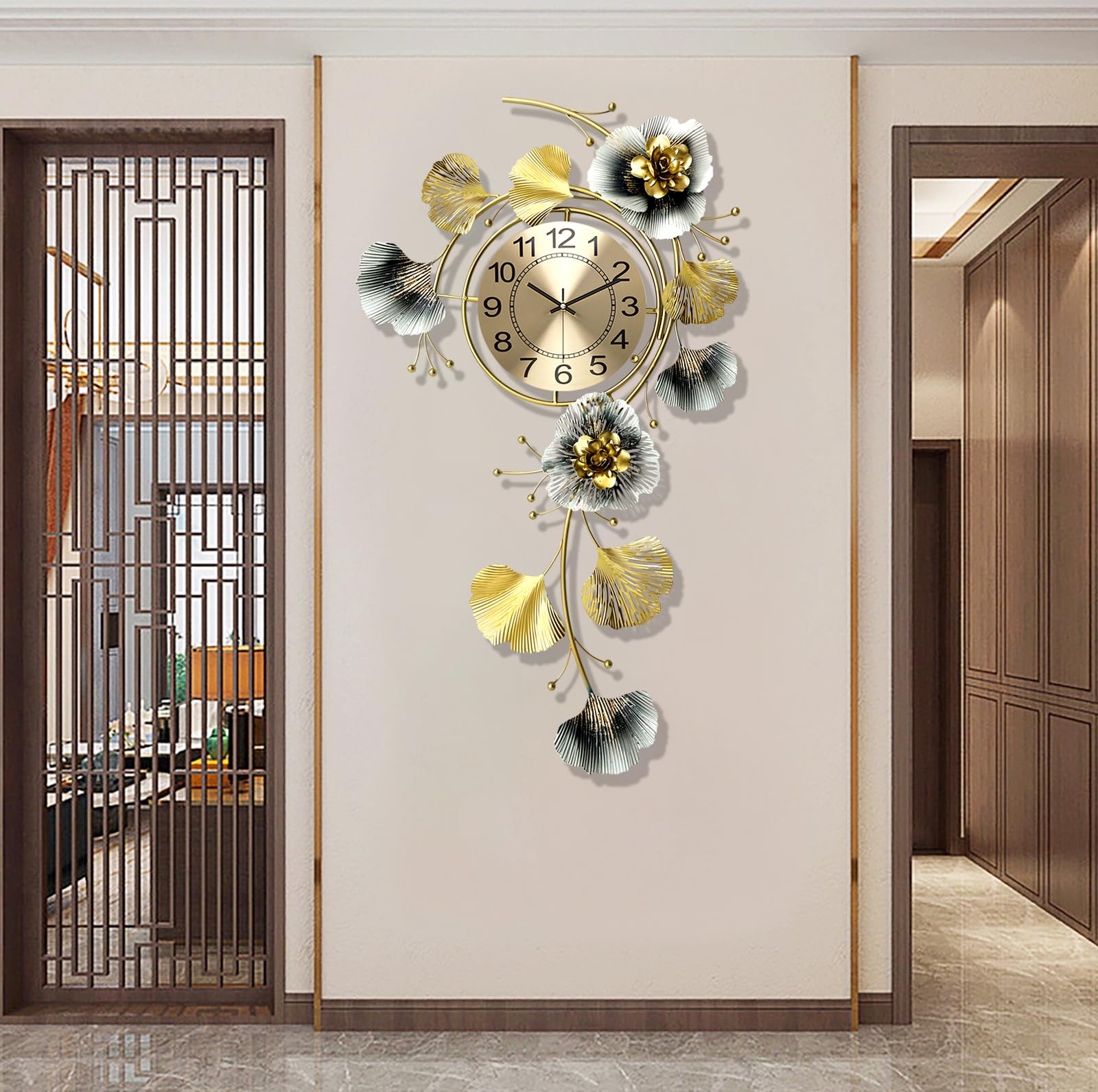 Orologi da parete per la decorazione del soggiorno, grande orologio da parete, silenzioso Relojes de Pared con quadrante girevole a 360°, orologio al quarzo da parete in metallo 3D con foglia di