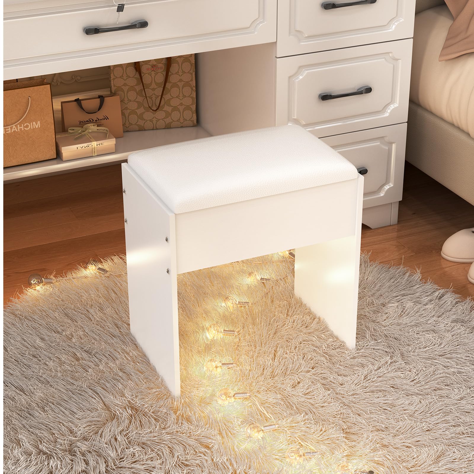 Taburete de Tocador Moderno para Dormitorio, 43 x 40 x 24 cm, Blanco
