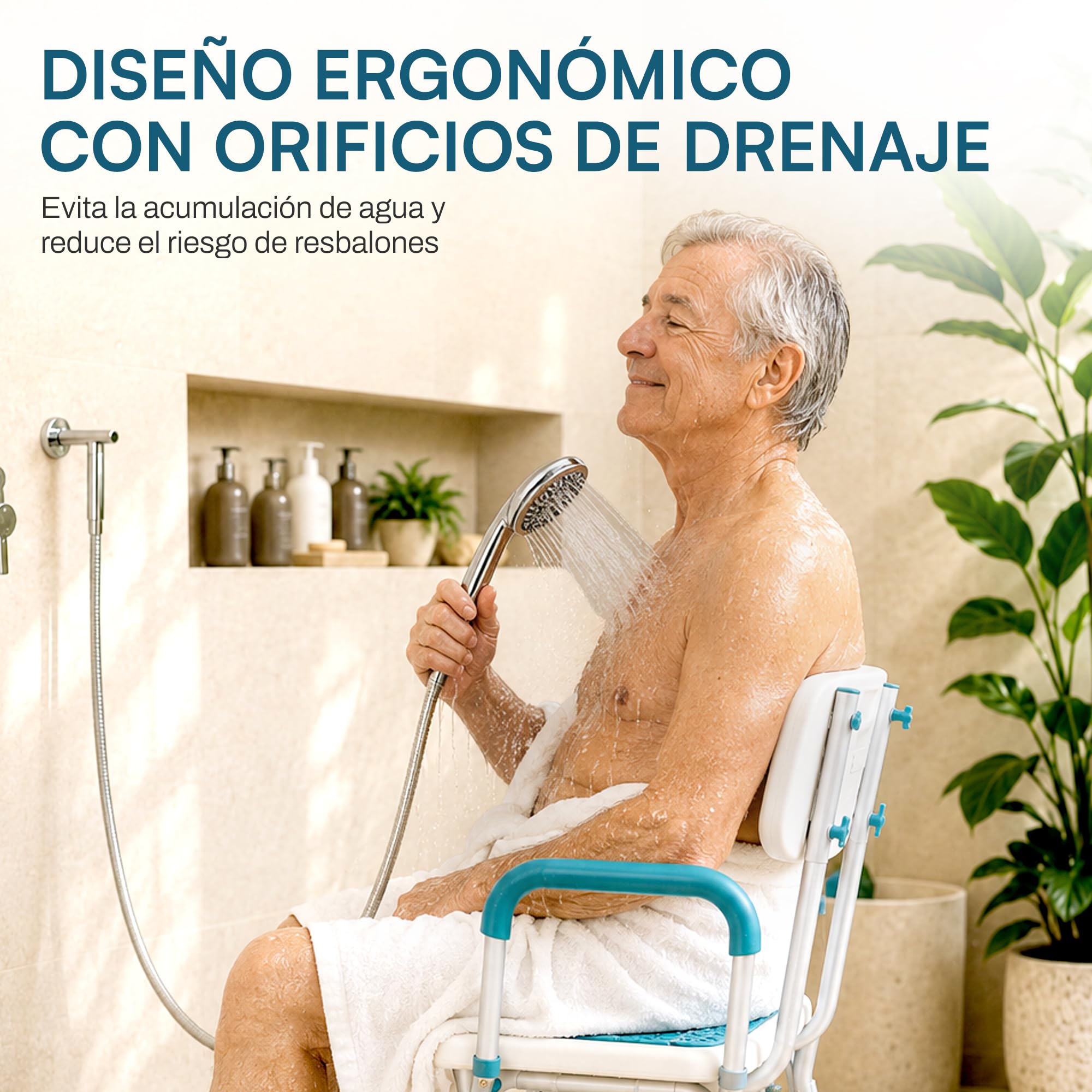 Silla de ducha con respaldo y reposabrazos, taburete de ducha ajustable en altura para personas mayores, asiento de ducha antideslizante con respaldo extraíble, taburete de baño para ducha y